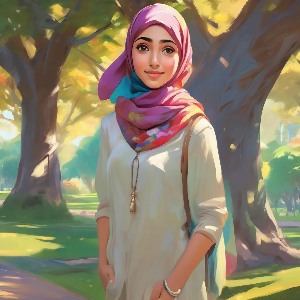 A young girl with a bright colorful hijab, expressive eyes, and a playful and curious demeanor in a sunny park, surrounded by lush trees, as gentle wind whispers dance around her.