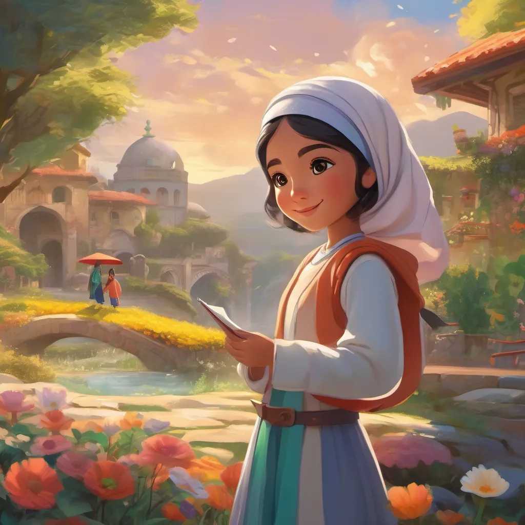 A mystical voice depicted as a playful and friendly breeze, beckoning to A young girl with a bright colorful hijab, expressive eyes, and a playful and curious demeanor with notes and song-like visuals.