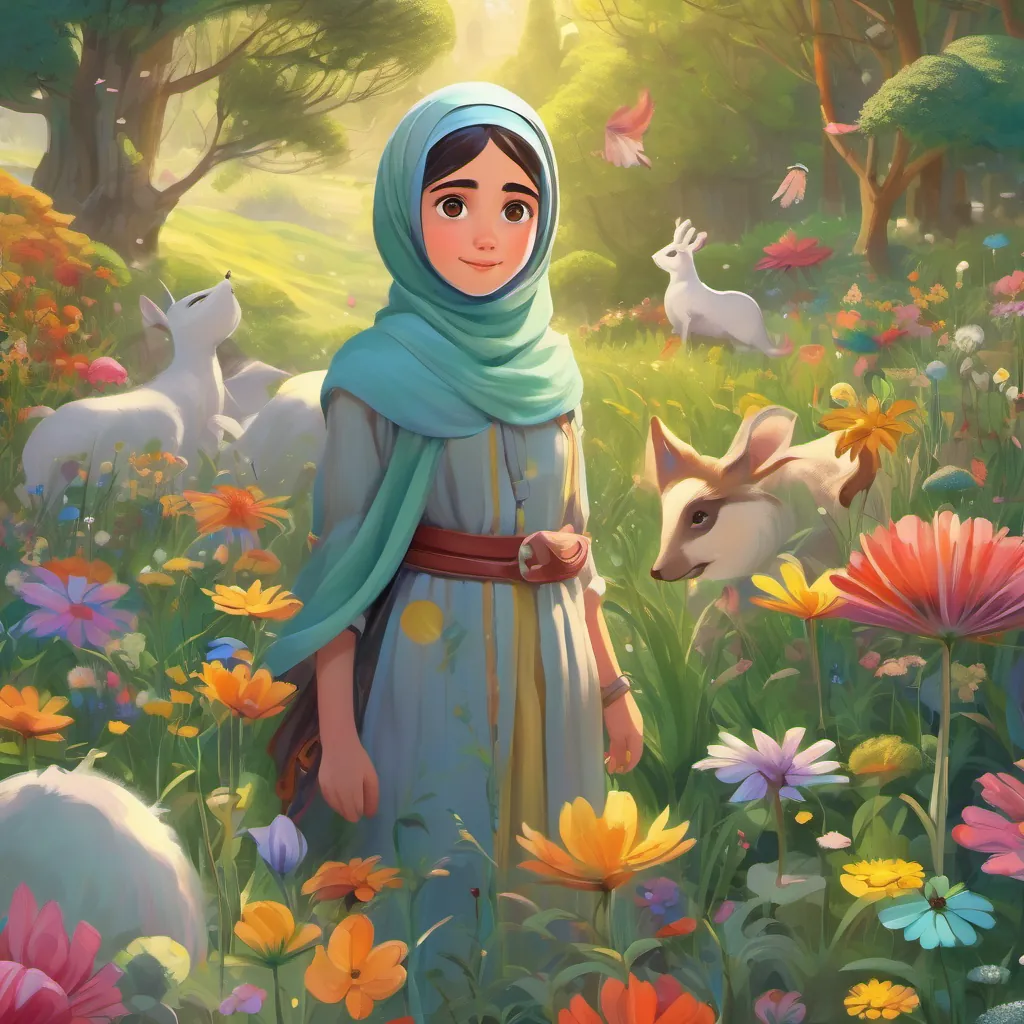 A wide-eyed A young girl with a bright colorful hijab, expressive eyes, and a playful and curious demeanor stepping into a magical meadow filled with whimsical creatures and colorful flora.