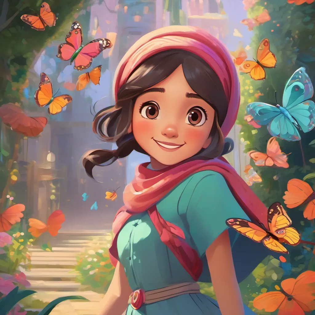 A vibrant butterfly with a friendly face, inviting A young girl with a bright colorful hijab, expressive eyes, and a playful and curious demeanor to join in a whimsical dance game.