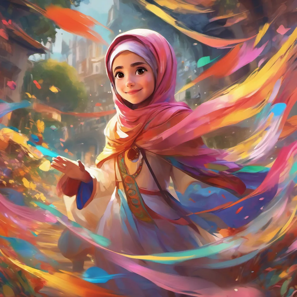 A young girl with a bright colorful hijab, expressive eyes, and a playful and curious demeanor in mid-spin, the world around her a blur of swirling colors and joyful creatures clapping rhythmically.