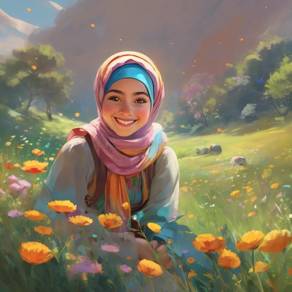 A young girl with a bright colorful hijab, expressive eyes, and a playful and curious demeanor laughing, her happiness resonating in the meadow, creating shimmering spells of whimsy around her.