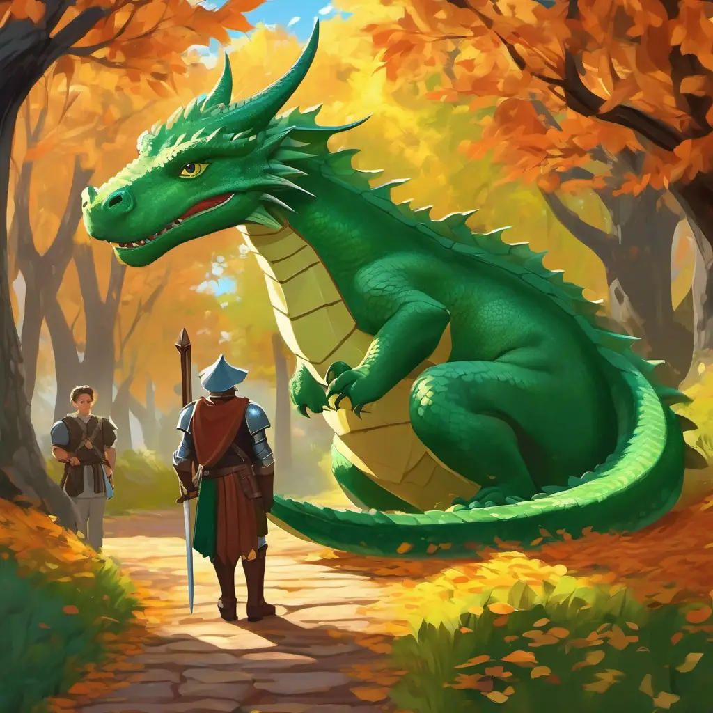Meeting the tour guide, learning about the escaped green dragon, and mysterious knight, friendly and informative guide, hinting at secrets