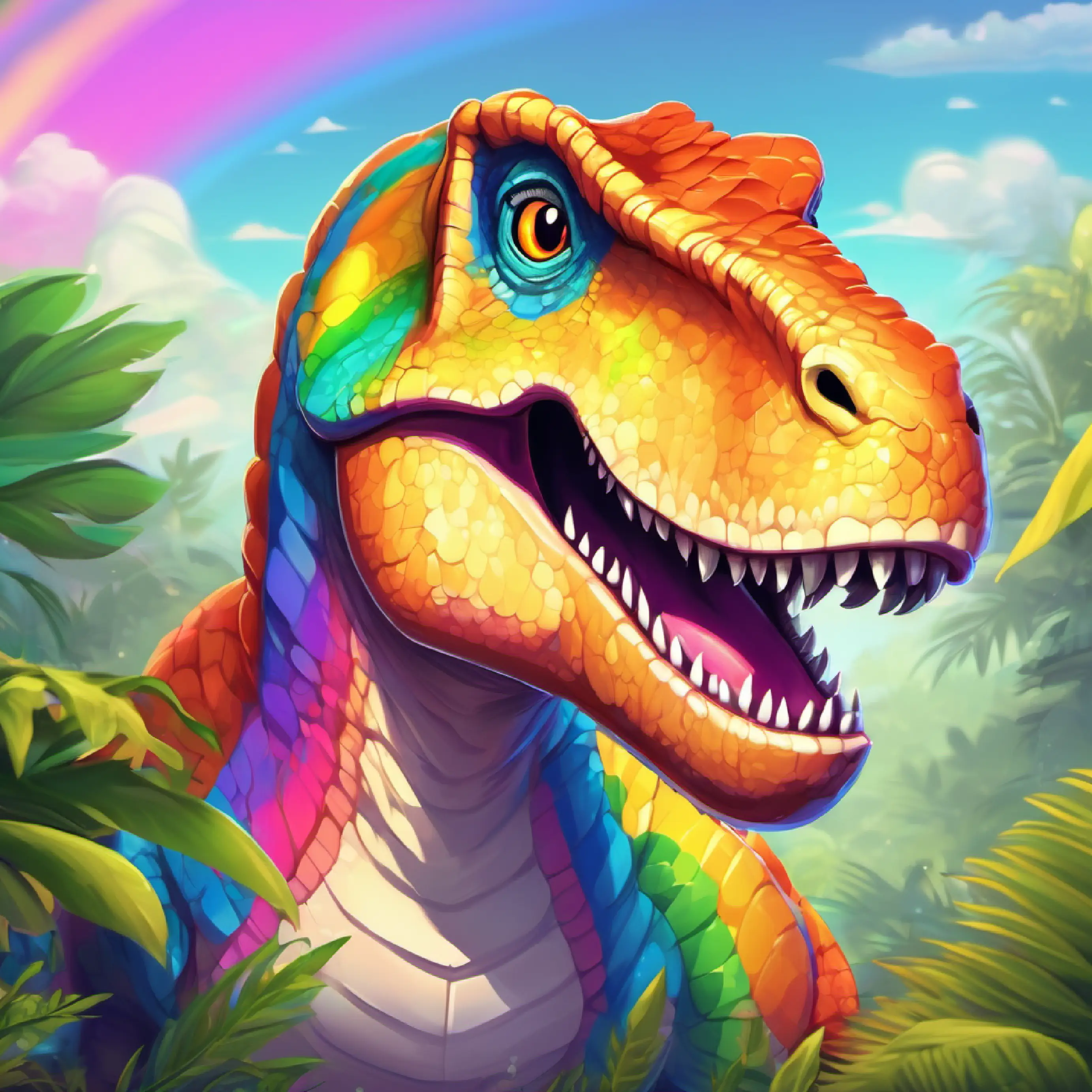 Introducing A T-Rex with shiny scales in all rainbow colors, friendly eyes, a rainbow T-Rex, in a world of dinosaurs.