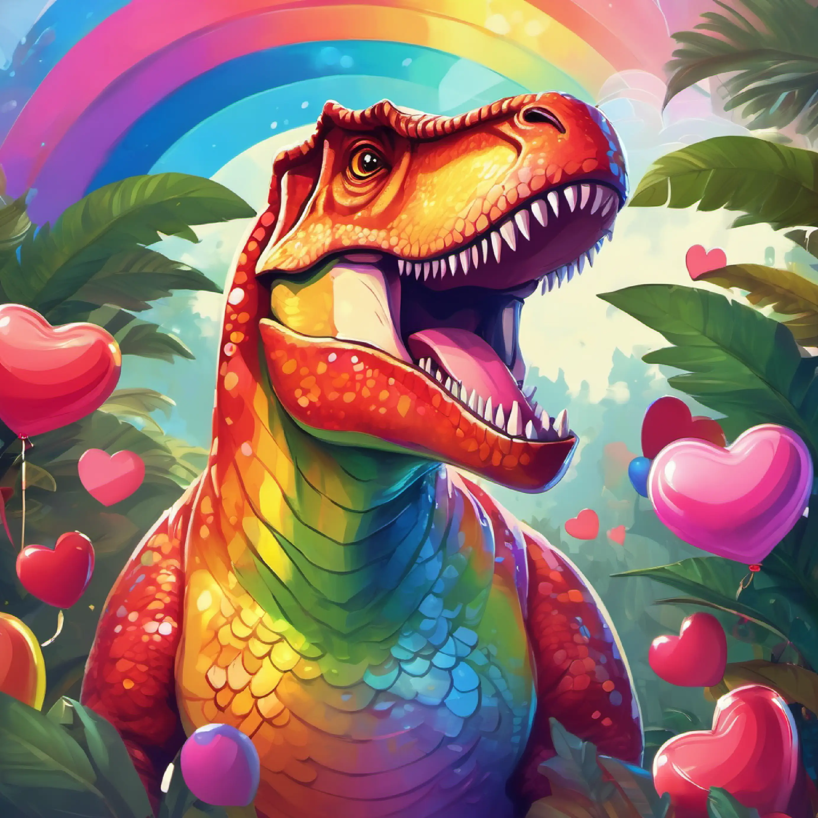 A T-Rex with shiny scales in all rainbow colors, friendly eyes plans a Valentine's party for his friends.