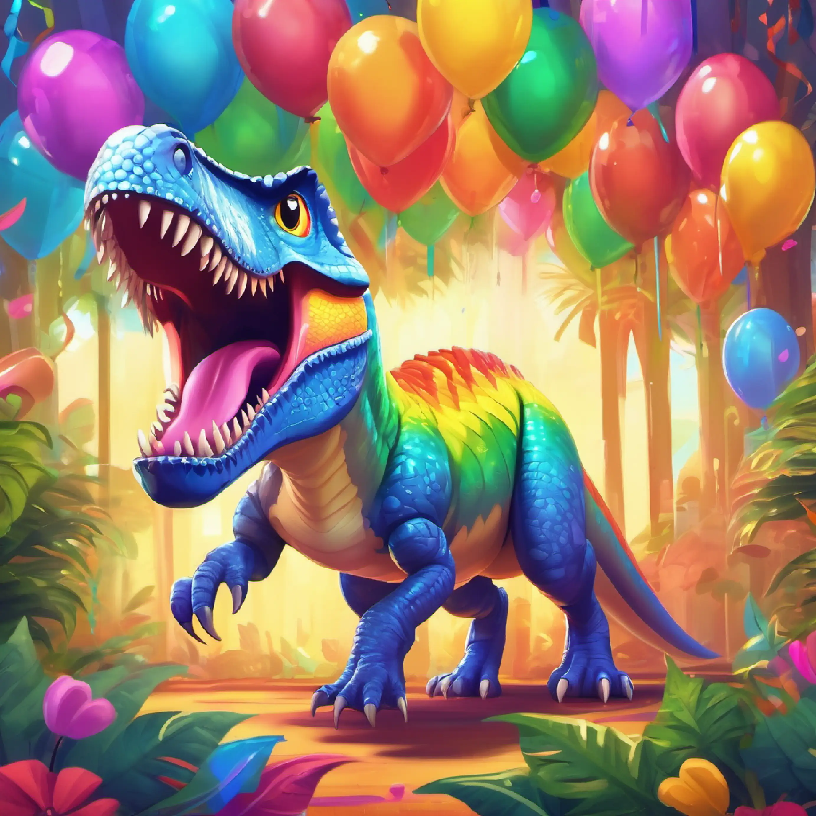 A T-Rex with shiny scales in all rainbow colors, friendly eyes prepares the party with colorful decorations.