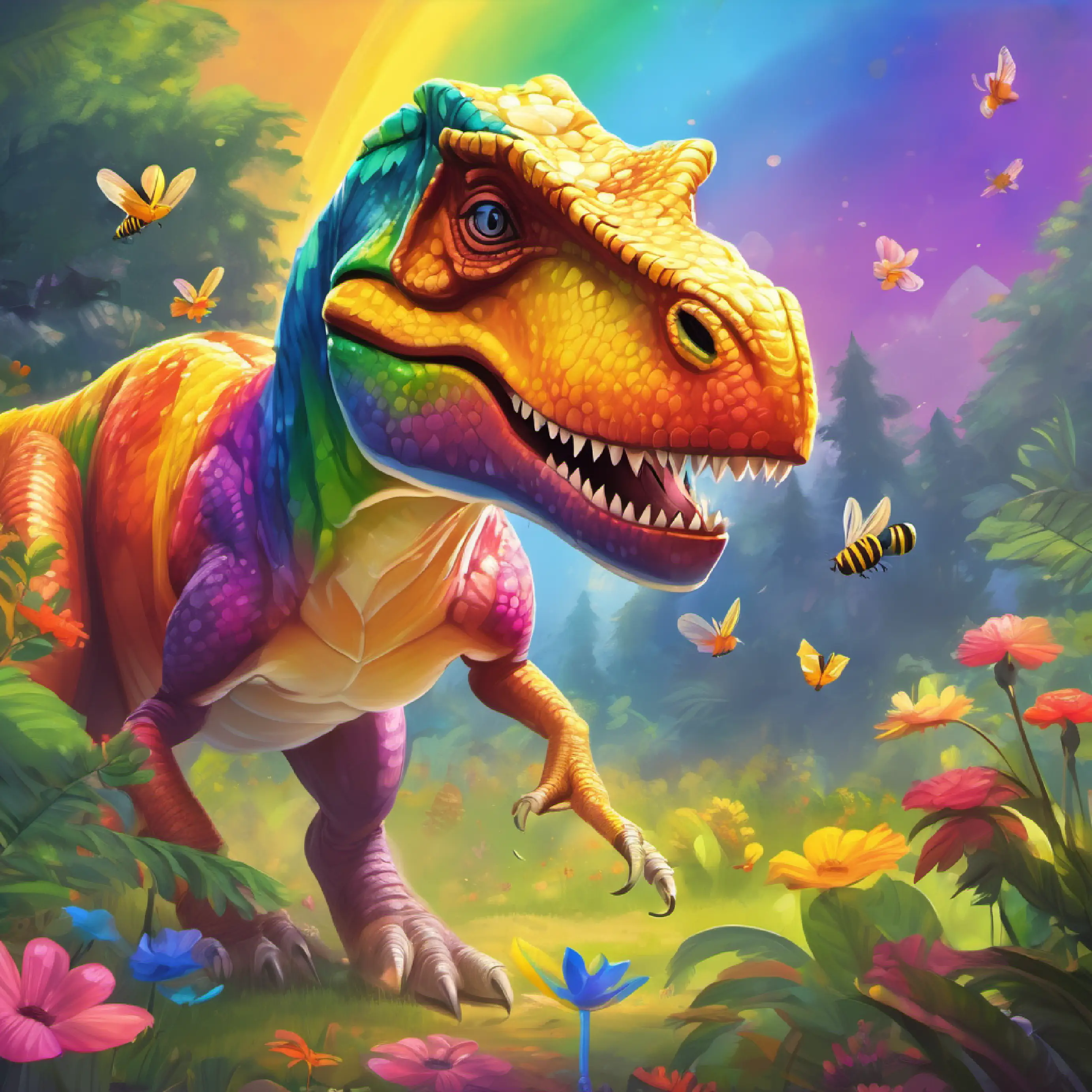 A T-Rex with shiny scales in all rainbow colors, friendly eyes enlists bees to make treats for the party.