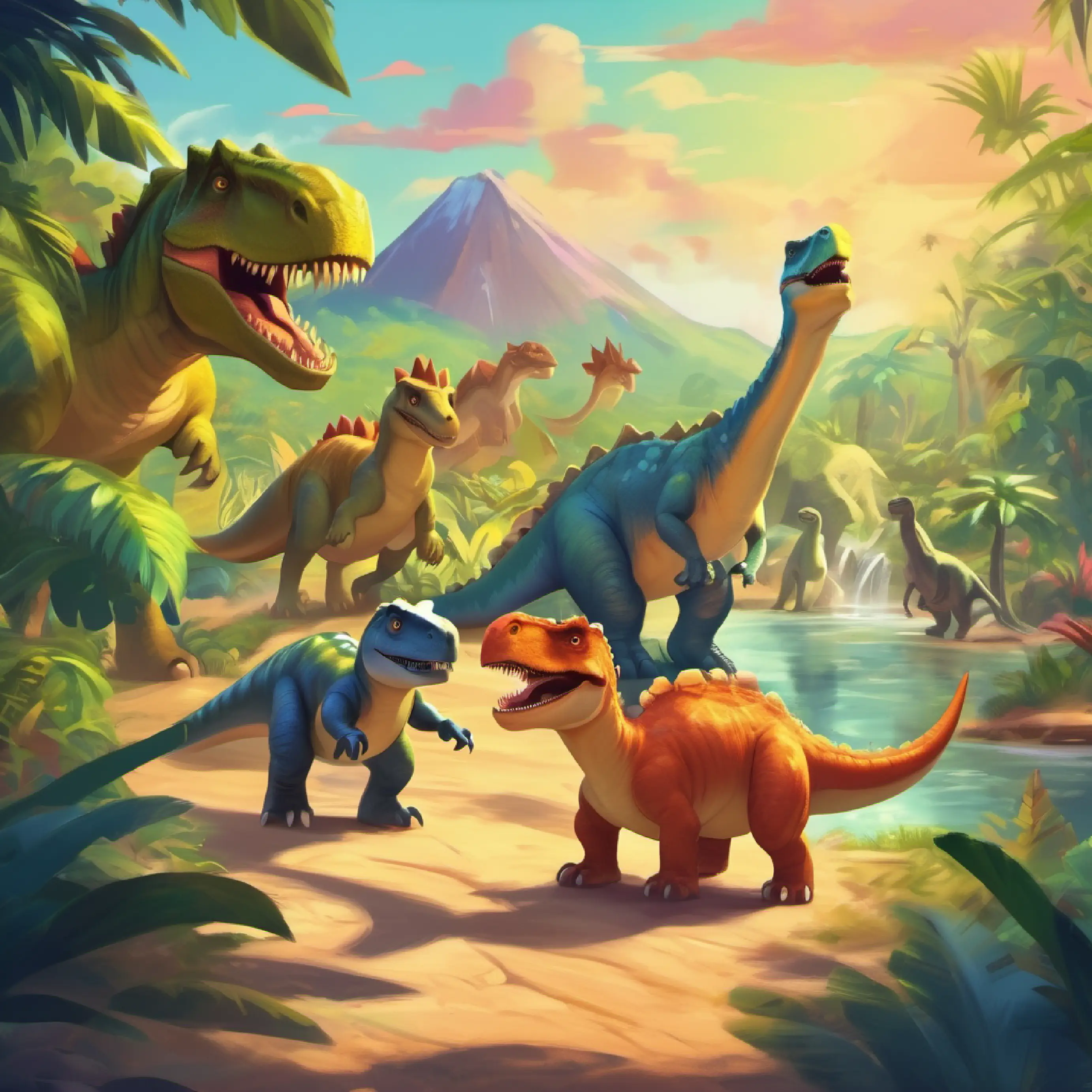 Dinosaurs arrive at the party and enjoy themselves.