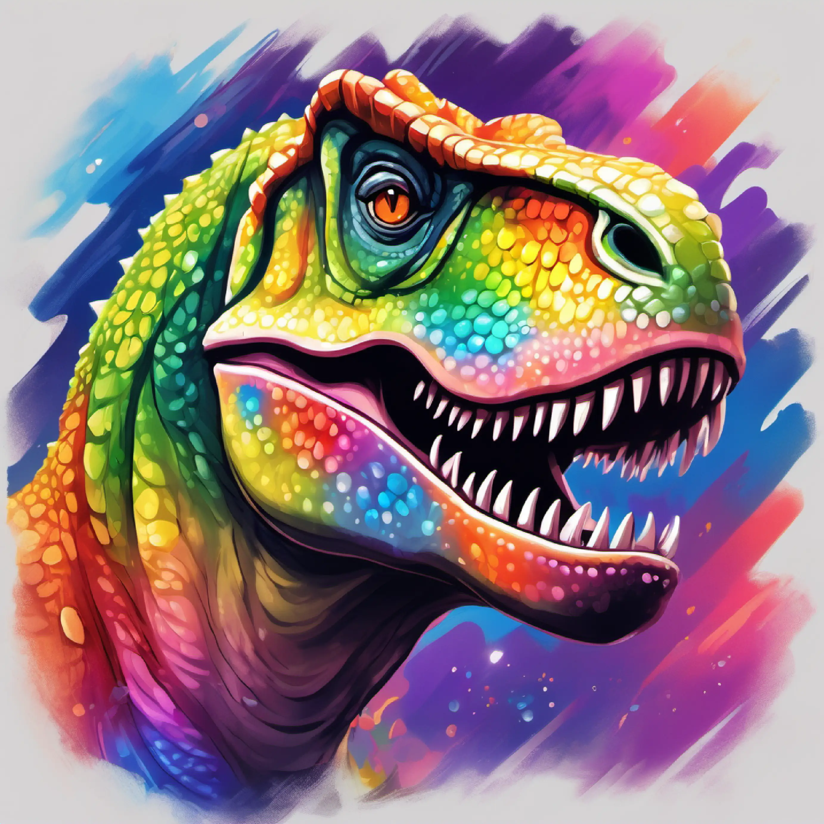 A T-Rex with shiny scales in all rainbow colors, friendly eyes gives out special cards to his friends.