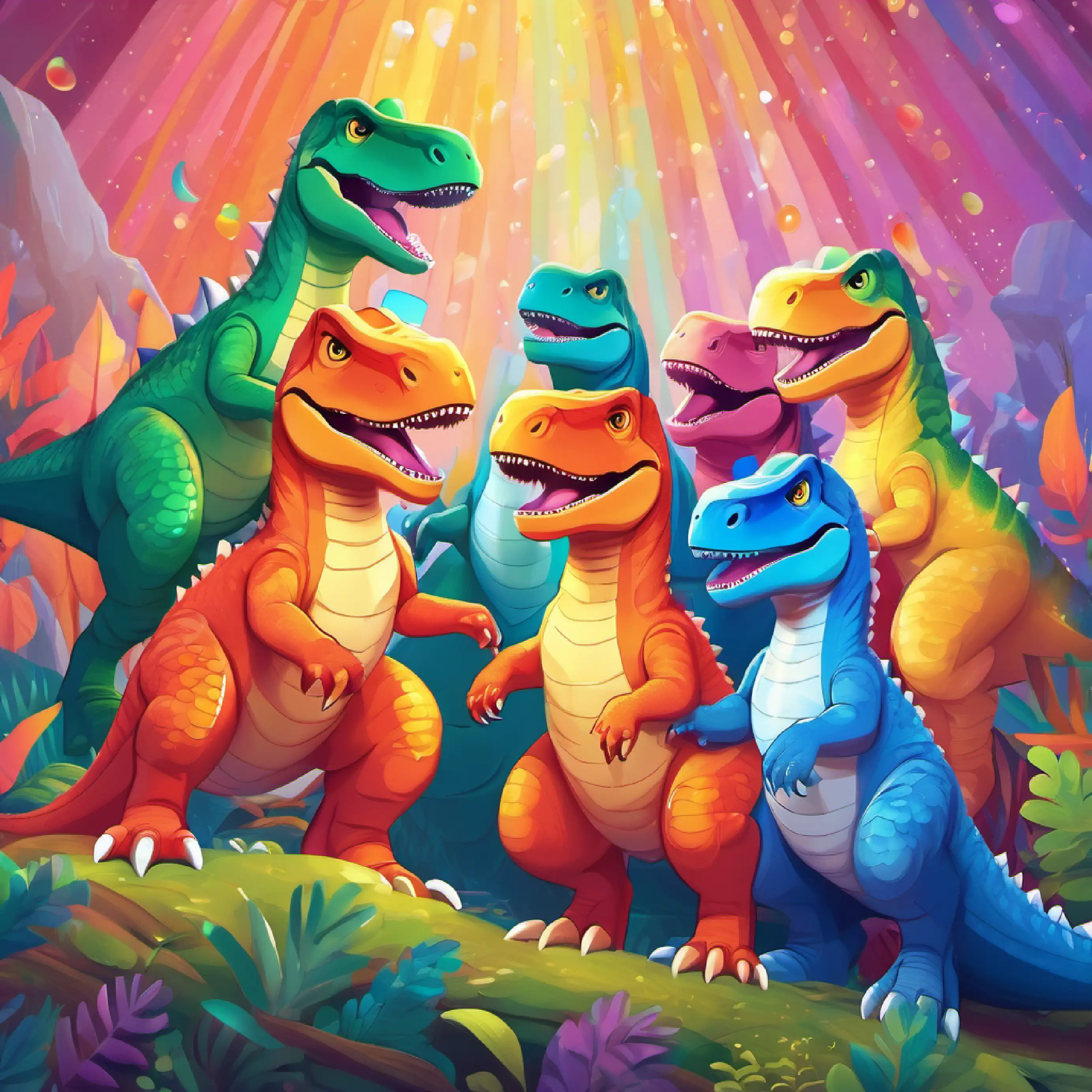 The party ends with a group hug; friends are grateful to A T-Rex with shiny scales in all rainbow colors, friendly eyes.