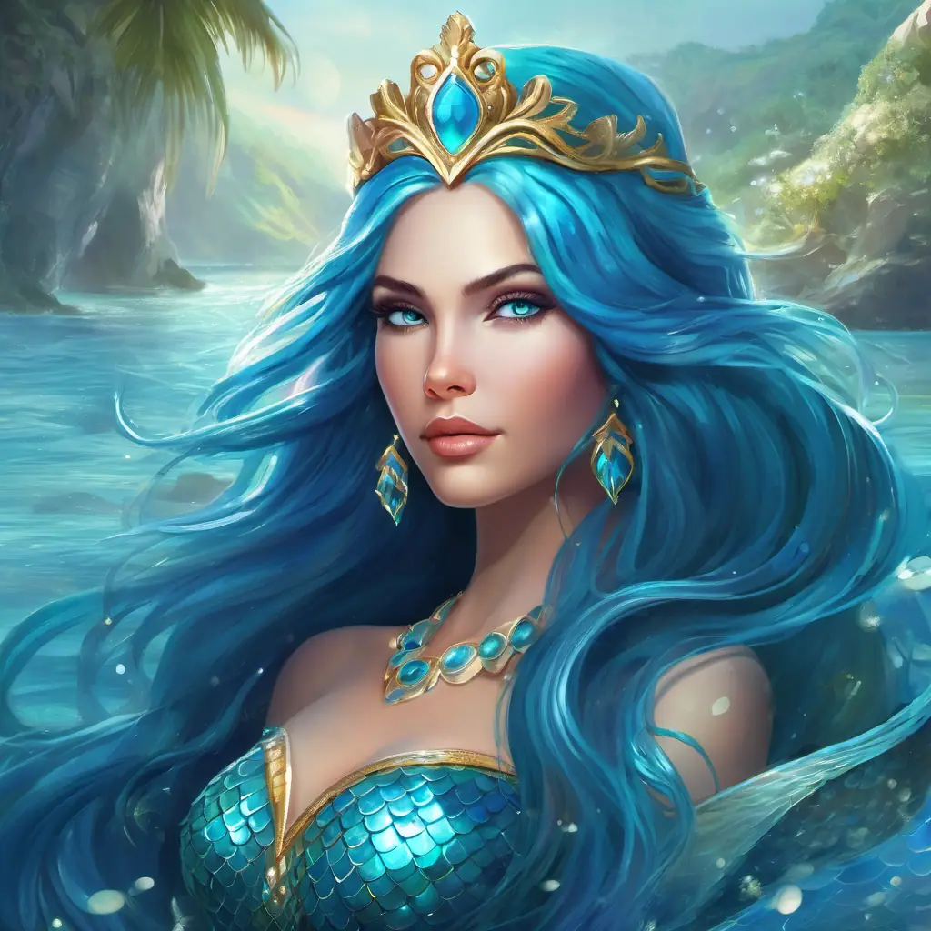 Introducing the mermaid princess Graceful mermaid princess with long, shimmering blue hair and sparkling azure eyes, her kingdom, and her determination.