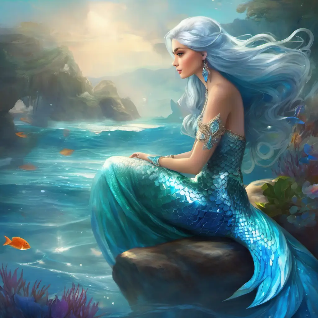 Graceful mermaid princess with long, shimmering blue hair and sparkling azure eyes's desire to explore the world above and her conversation with her wise grandmother, Wise grandmother with gentle demeanor and flowing silver hair.
