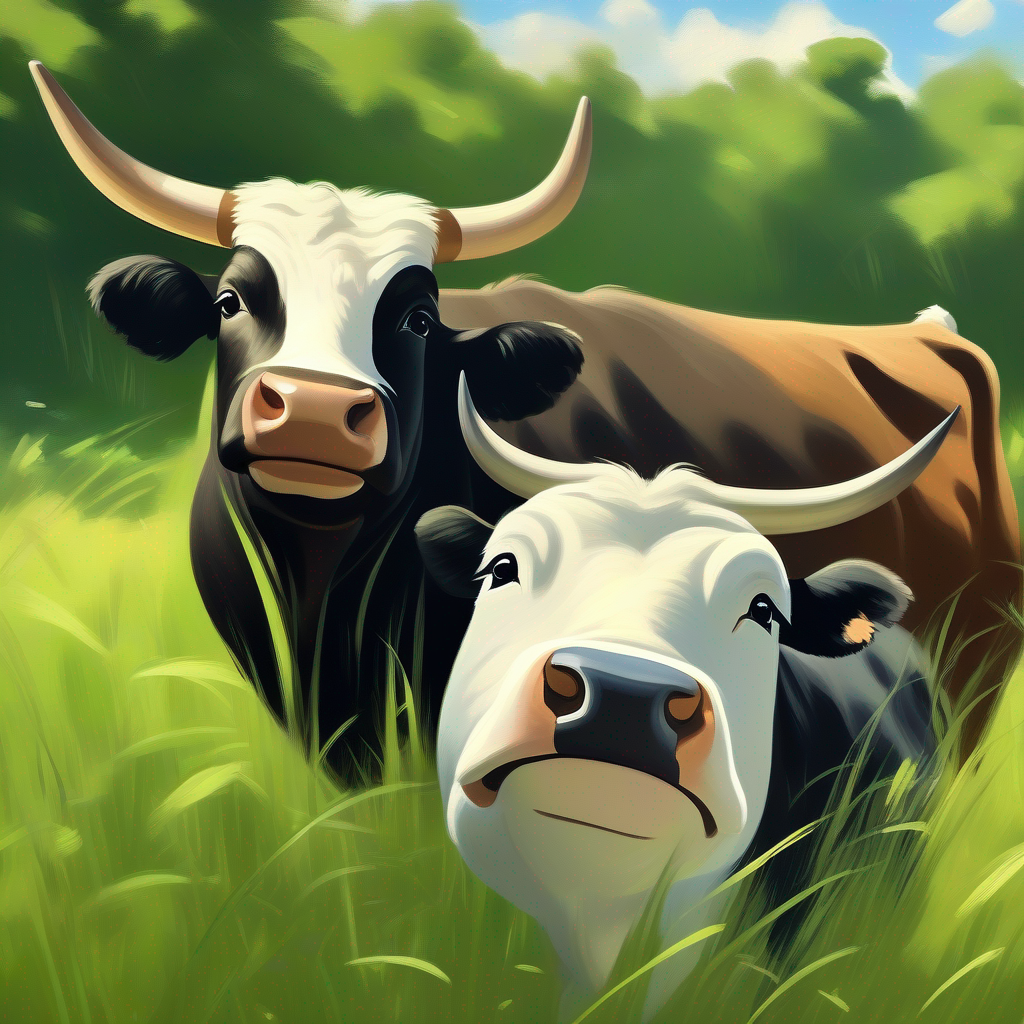 Green meadow, two bulls named Brown bull with a friendly smile, a white patch on the back and Black and white bull with playful eyes and a soft coat