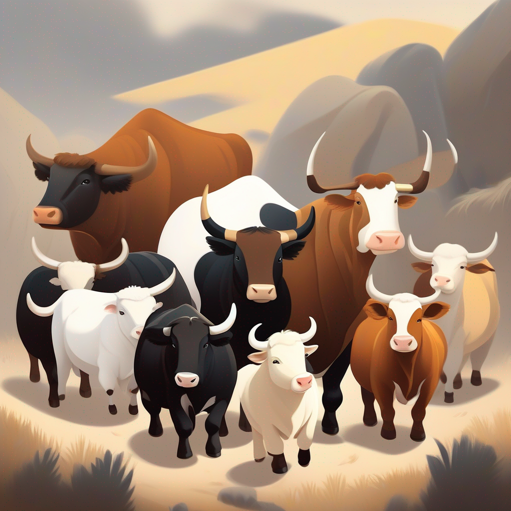 Big mela, animals gathered, Brown bull with a friendly smile, a white patch on the back and Black and white bull with playful eyes and a soft coat going together