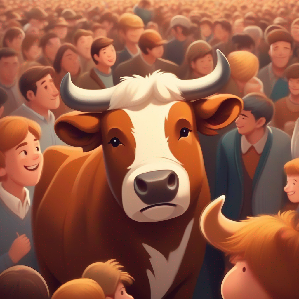 Brown bull with a friendly smile, a white patch on the back feeling sad and lost in the crowd