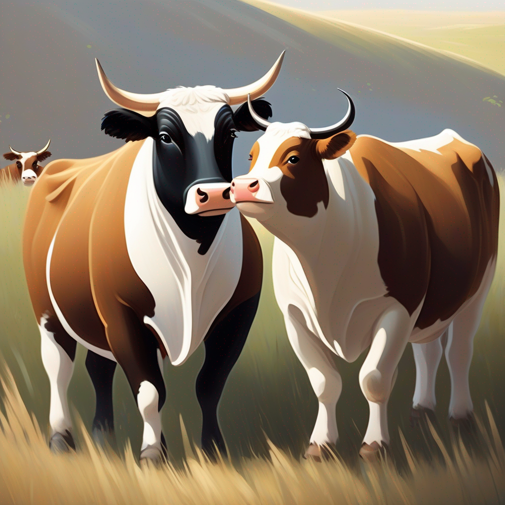 Brown bull with a friendly smile, a white patch on the back and Black and white bull with playful eyes and a soft coat realizing true friends always find each other