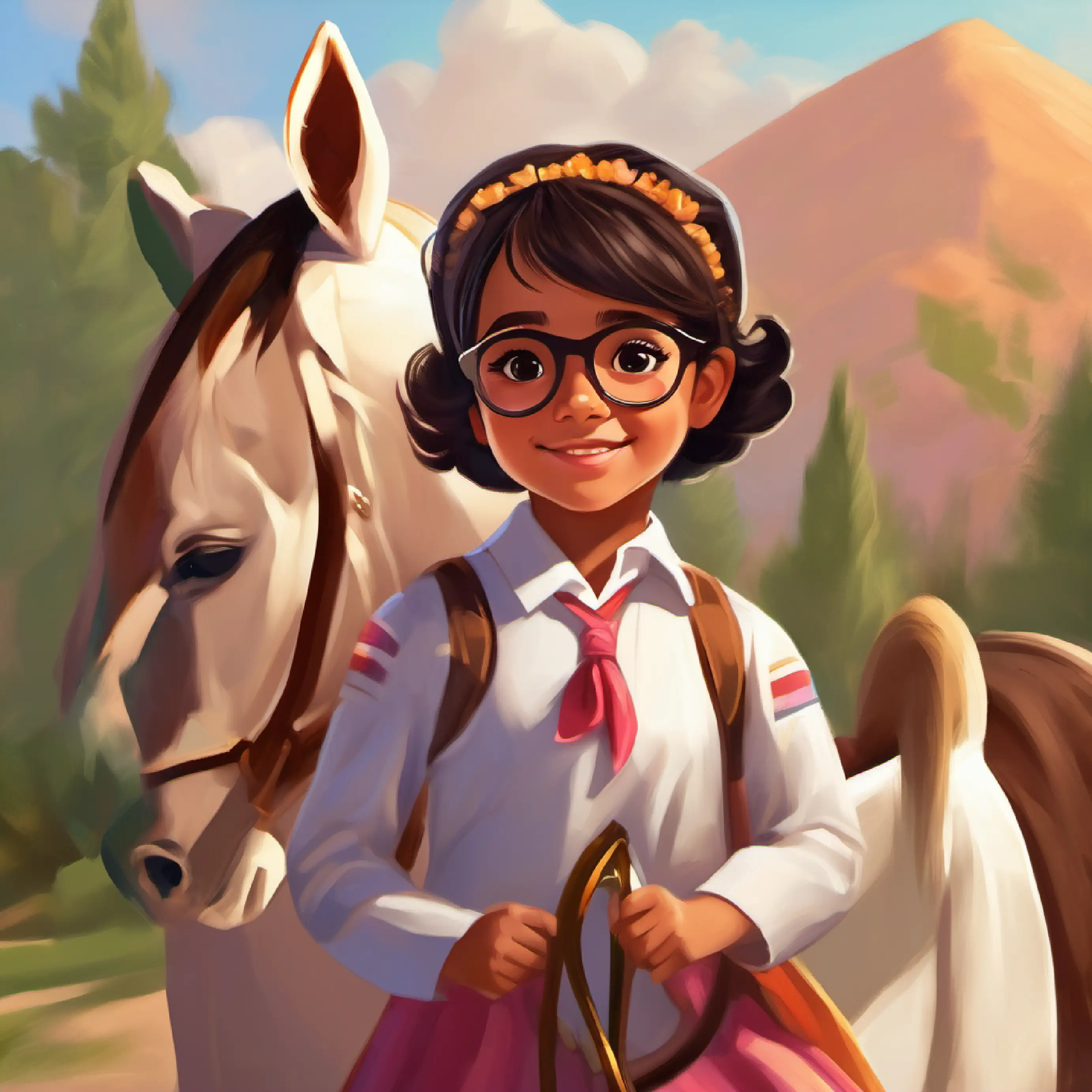 Nayeli wearing glasses, excited about graduation day, riding a horse unicorn