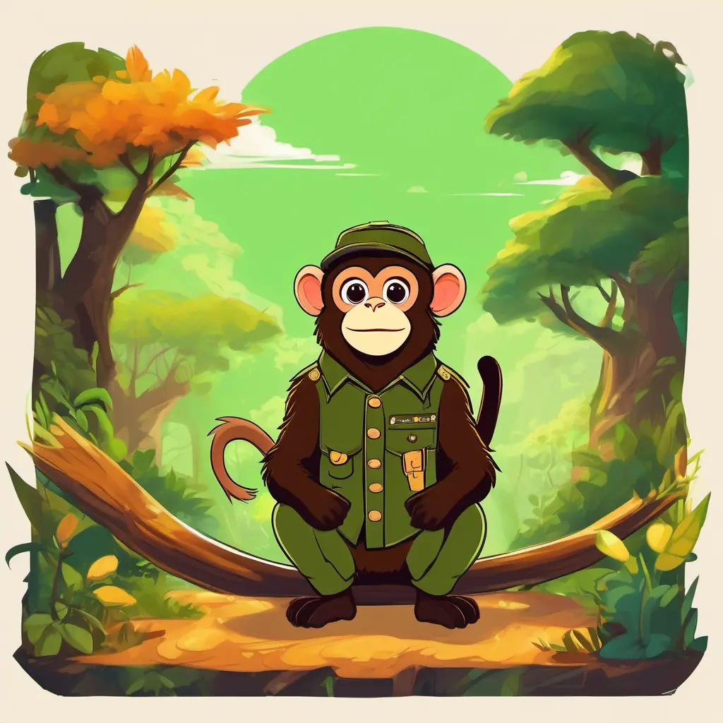 In a colorful zoo with vibrant animals, Mischievous monkey with brown fur, playful eyes, and a cheeky grin, a playful monkey with brown fur, planned pranks on Serious zookeeper with a green uniform, constantly checking locks, a serious zookeeper wearing a green uniform.