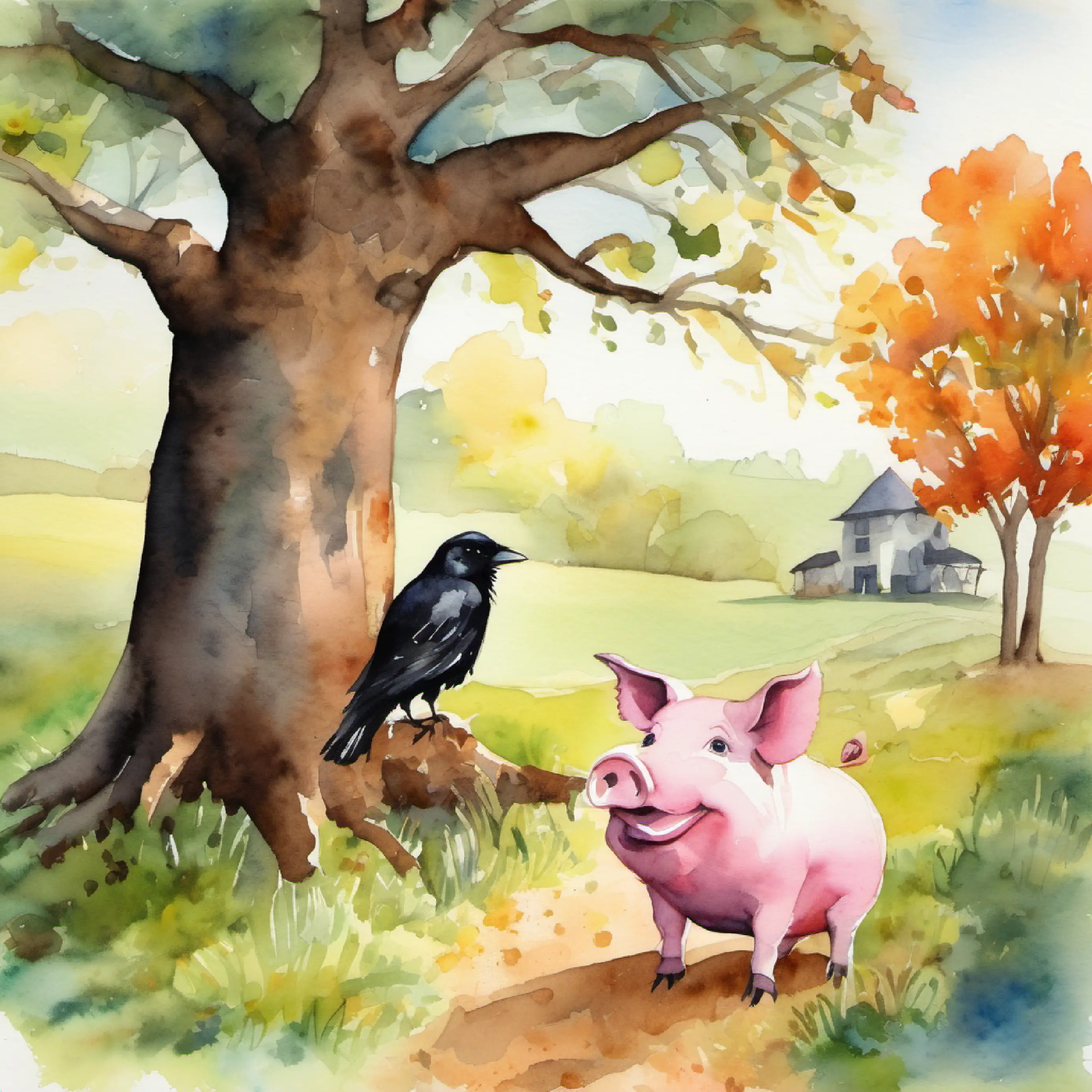 Piggy thanks Crow for the riddle solution and moves on to search by an oak tree.