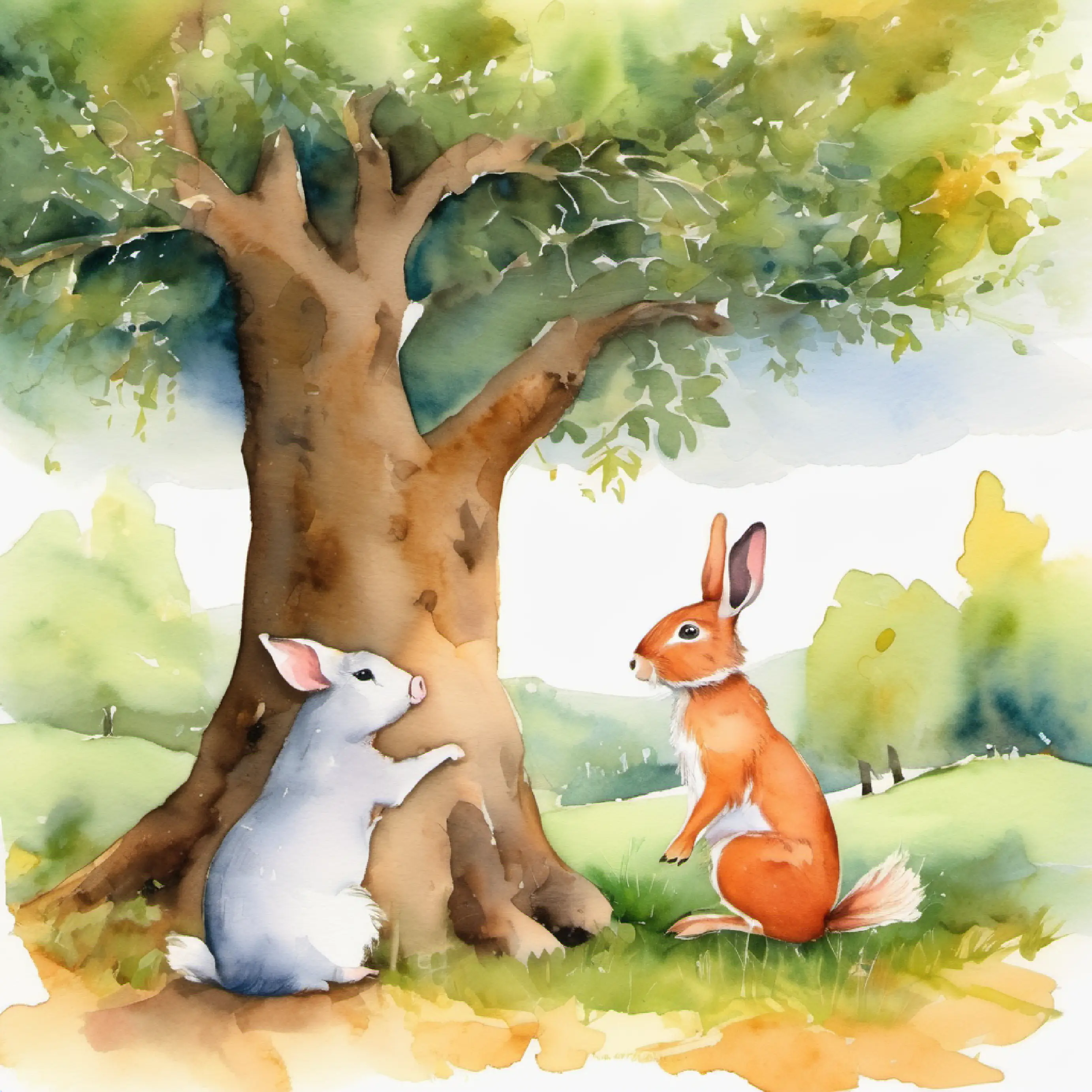 Piggy meets Hare under the tree, who gives him another riddle.