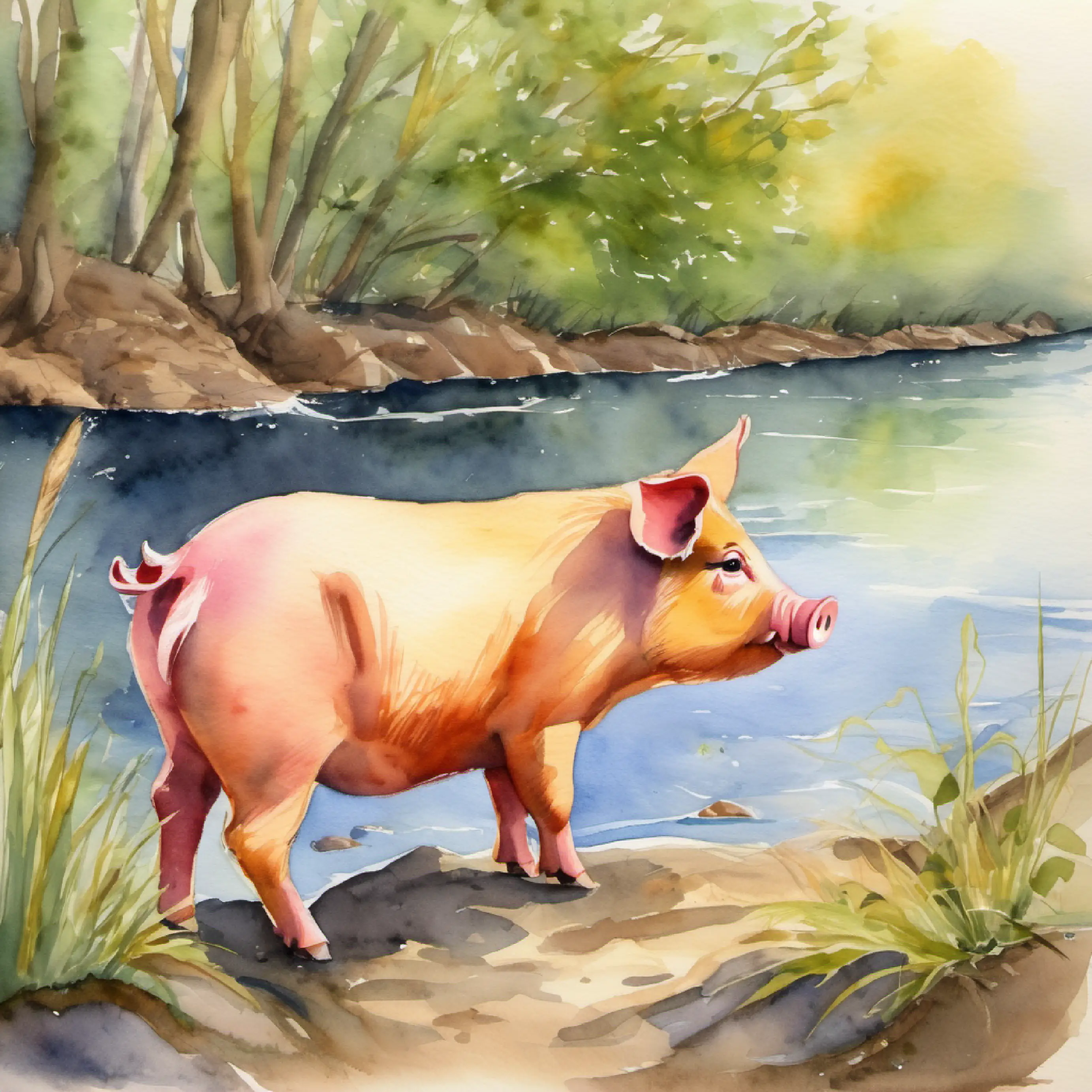 Piggy discovers footprints by the river, wonders if they are his own.