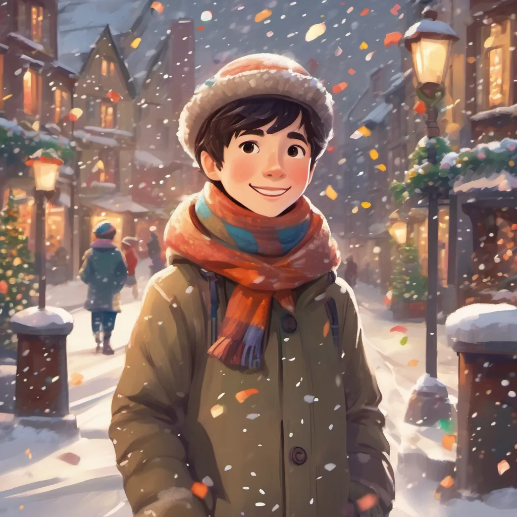 A cheerful boy, A cheerful boy dressed in a warm winter coat, scarf, and hat, dressed in a warm winter coat, scarf, and hat, standing in a small town with snow falling like confetti.