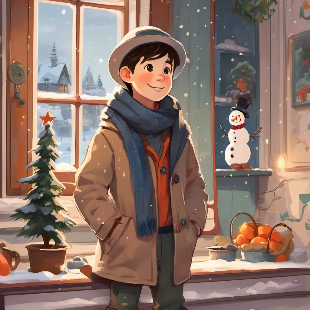 A cheerful boy dressed in a warm winter coat, scarf, and hat standing in his room, looking out the window at the snow, with A friendly snowman with a carrot nose and coal buttons the snowman visible outside and a sense of gratitude visible on his face.
