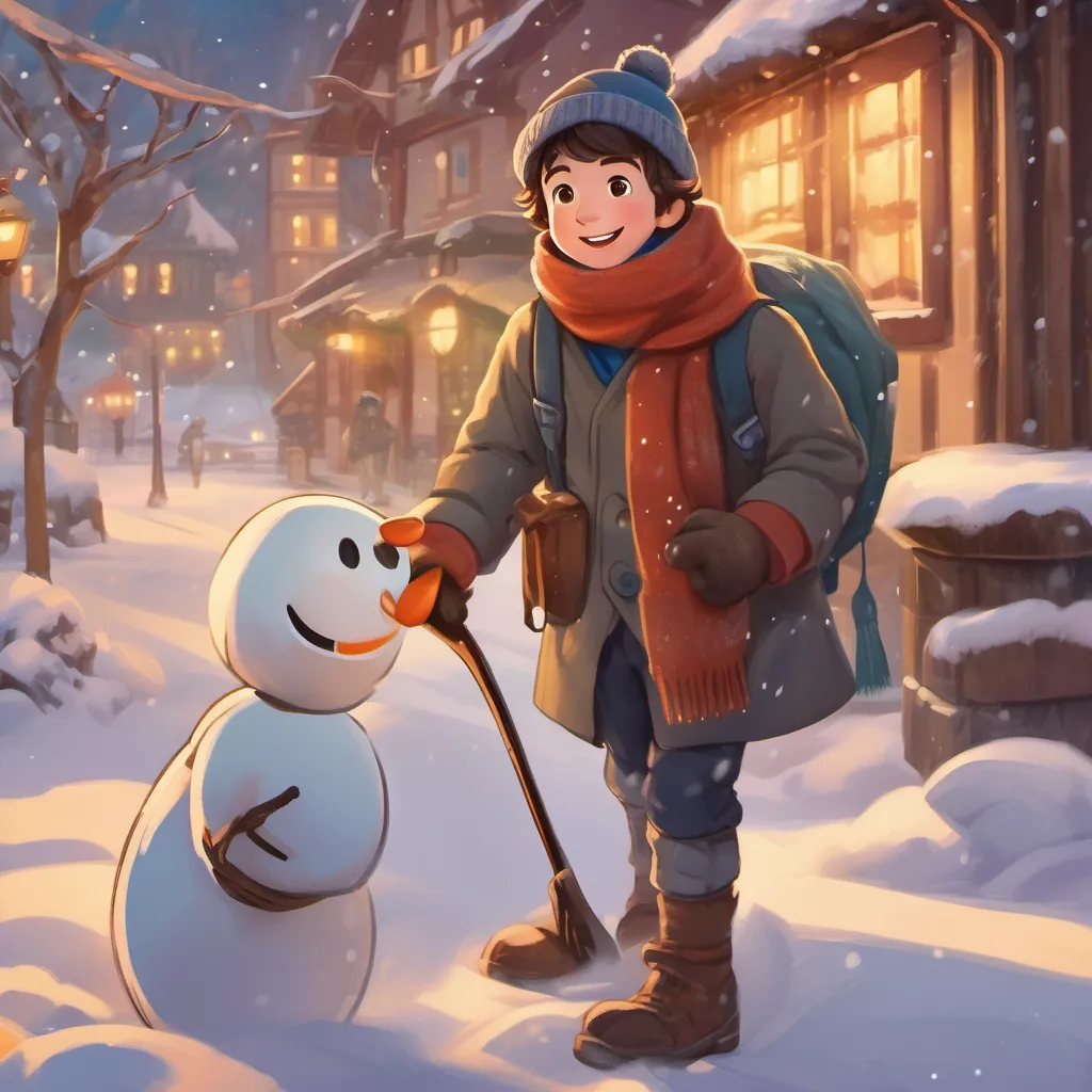 A cheerful boy dressed in a warm winter coat, scarf, and hat smiling, standing outside in the snow, ready for more adventures, with the village and his snowman friend in the background.