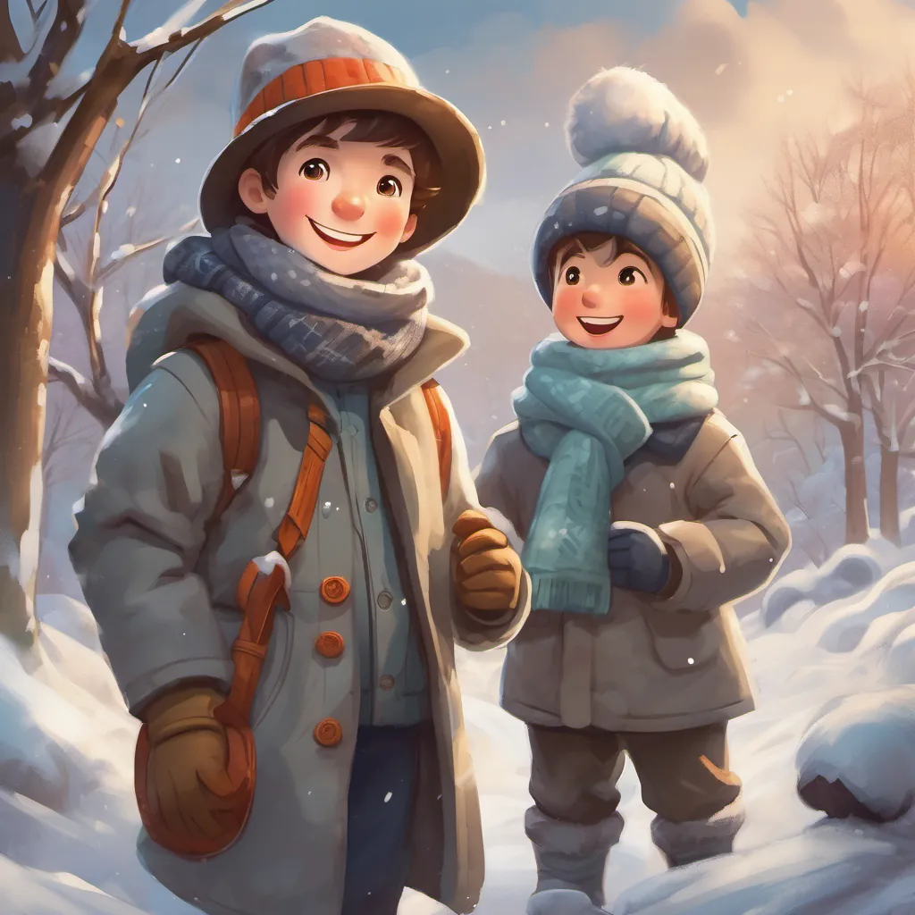 A cheerful boy dressed in a warm winter coat, scarf, and hat and A friendly snowman with a carrot nose and coal buttons the snowman, with a carrot nose and coal buttons, smiling together as they plot an adventure in the snowy landscape.