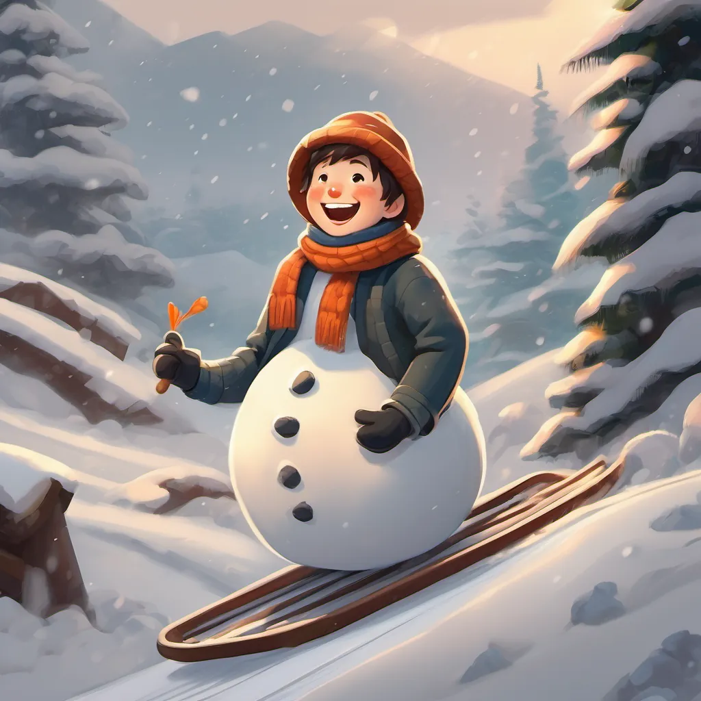 A cheerful boy dressed in a warm winter coat, scarf, and hat and A friendly snowman with a carrot nose and coal buttons sliding down a snowy hill on sleds, leaving snowy trails behind them, while laughing joyfully.