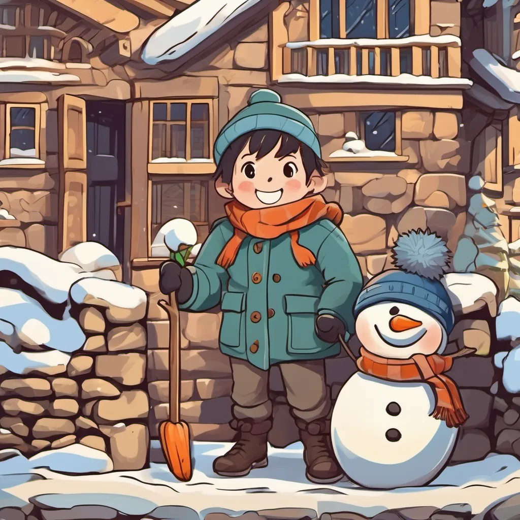 A cheerful boy dressed in a warm winter coat, scarf, and hat and A friendly snowman with a carrot nose and coal buttons building a sturdy snow fort, with A cheerful boy dressed in a warm winter coat, scarf, and hat excitedly declaring it their castle.