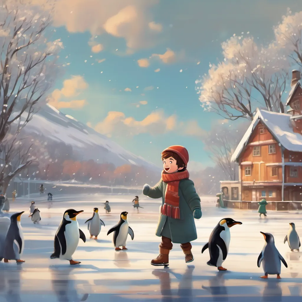 A cheerful boy dressed in a warm winter coat, scarf, and hat ice skating with a group of penguins on a frozen pond, all moving gracefully and having fun.