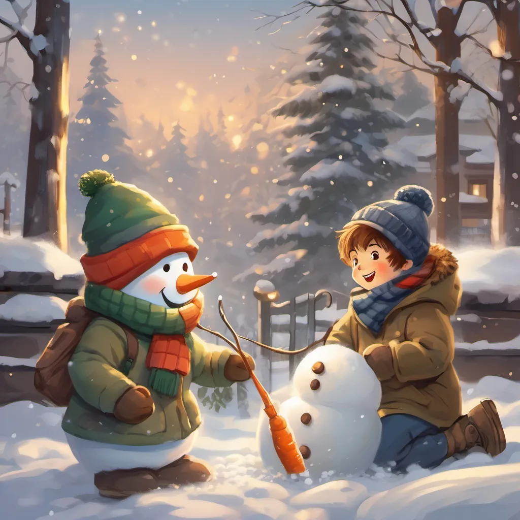 A cheerful boy dressed in a warm winter coat, scarf, and hat and A friendly snowman with a carrot nose and coal buttons making snow angels, with A cheerful boy dressed in a warm winter coat, scarf, and hat excitedly comparing their creations.