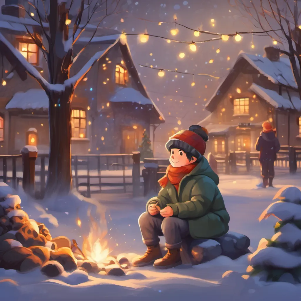 A cheerful boy dressed in a warm winter coat, scarf, and hat and A friendly snowman with a carrot nose and coal buttons sitting by a campfire with the village lights in the background, watching the sparks dance in the night.