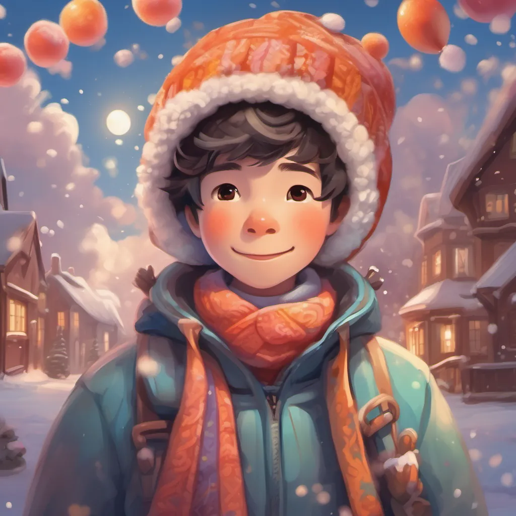 A cheerful boy dressed in a warm winter coat, scarf, and hat dreaming, with floating clouds made of candyfloss and he and A friendly snowman with a carrot nose and coal buttons flying through the sky.
