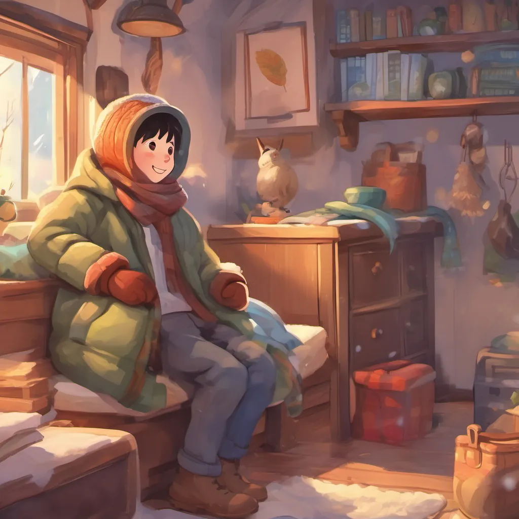 A cheerful boy dressed in a warm winter coat, scarf, and hat waking up with a smile on his face, excited for another day of winter vacation, with memories lingering in his room.