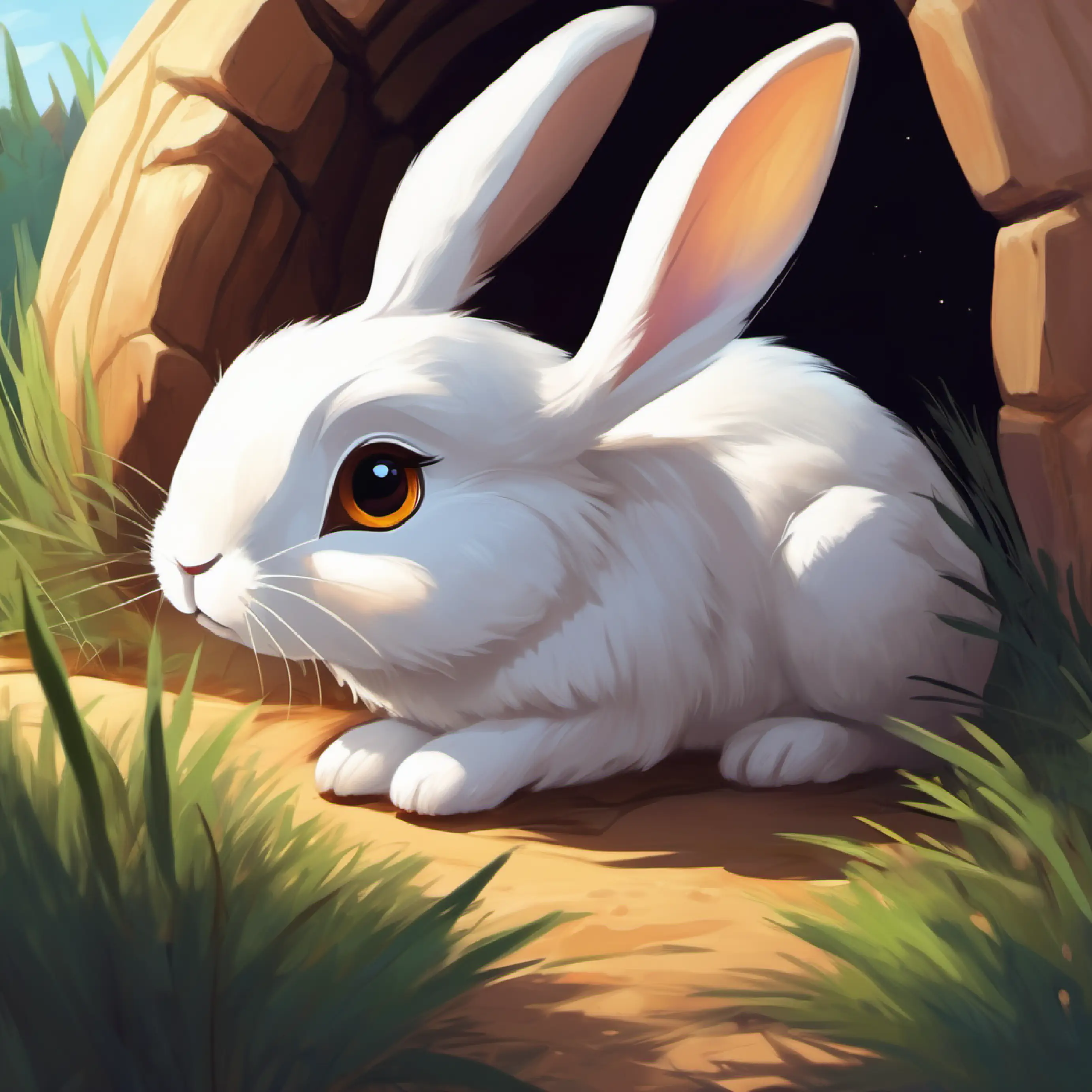 A small, fluffy white bunny with big brown eyes and long ears getting ready for bed in her burrow.