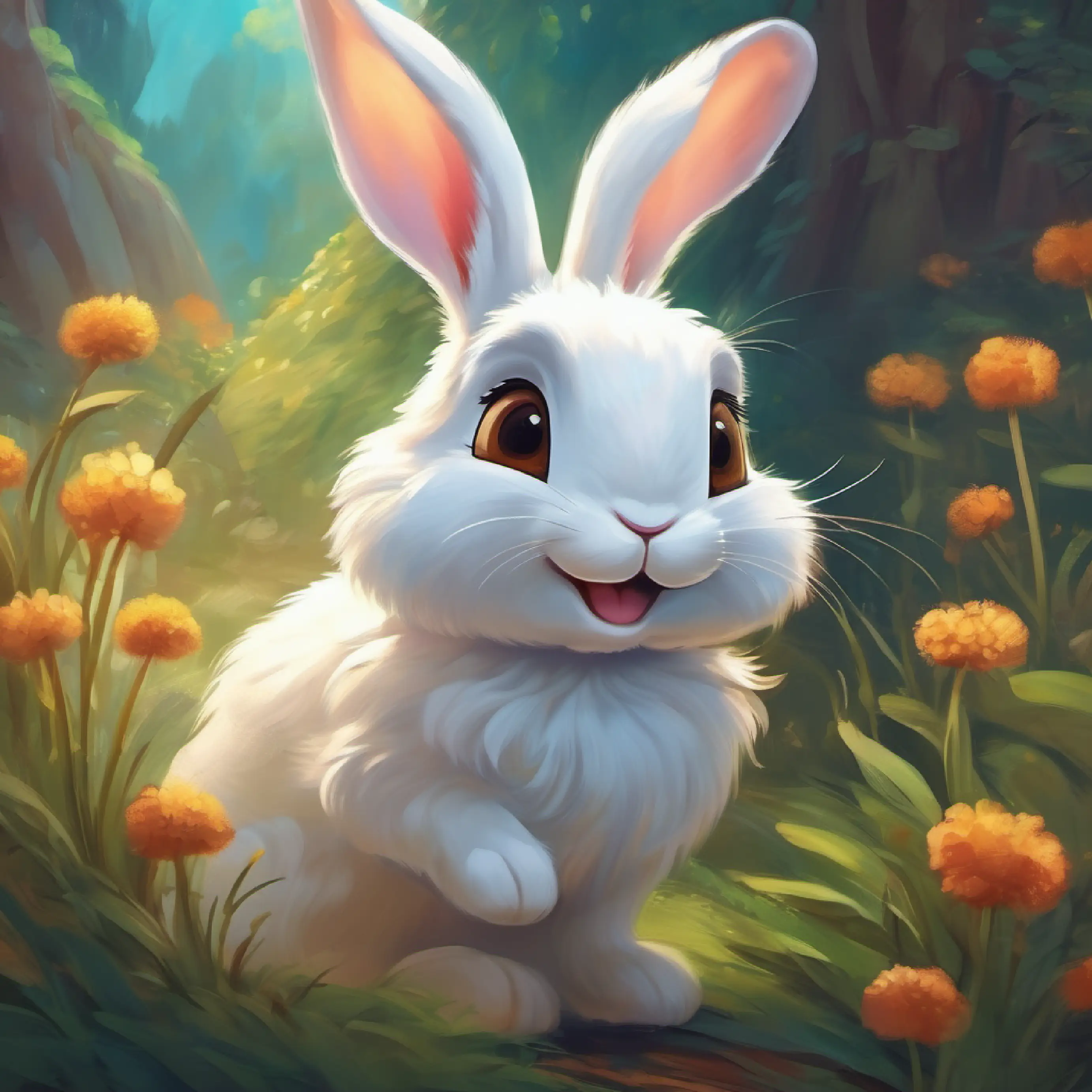 A small, fluffy white bunny with big brown eyes and long ears excited about Dreamland.