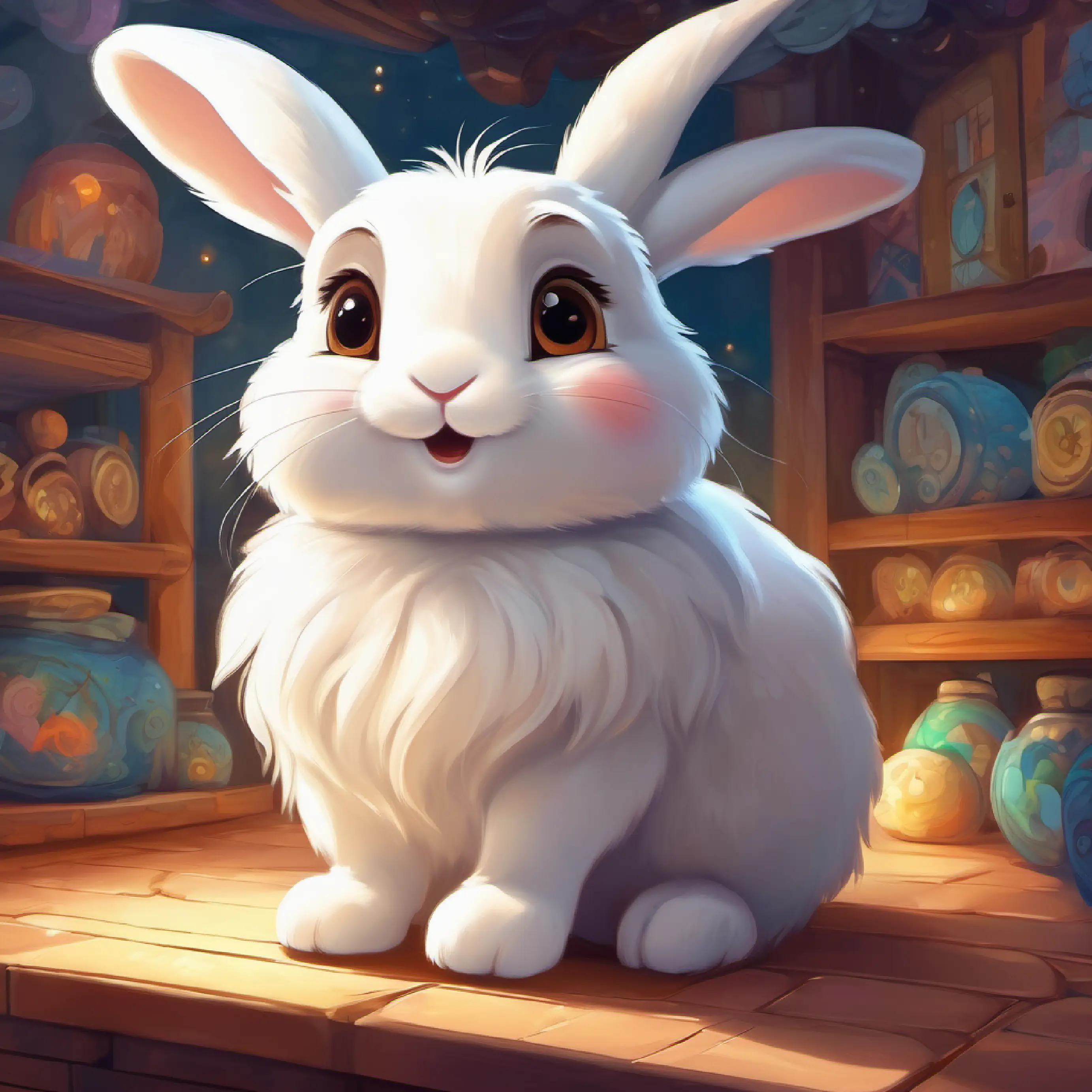 A small, fluffy white bunny with big brown eyes and long ears's room fills with magic as she wishes to see Dreamland.