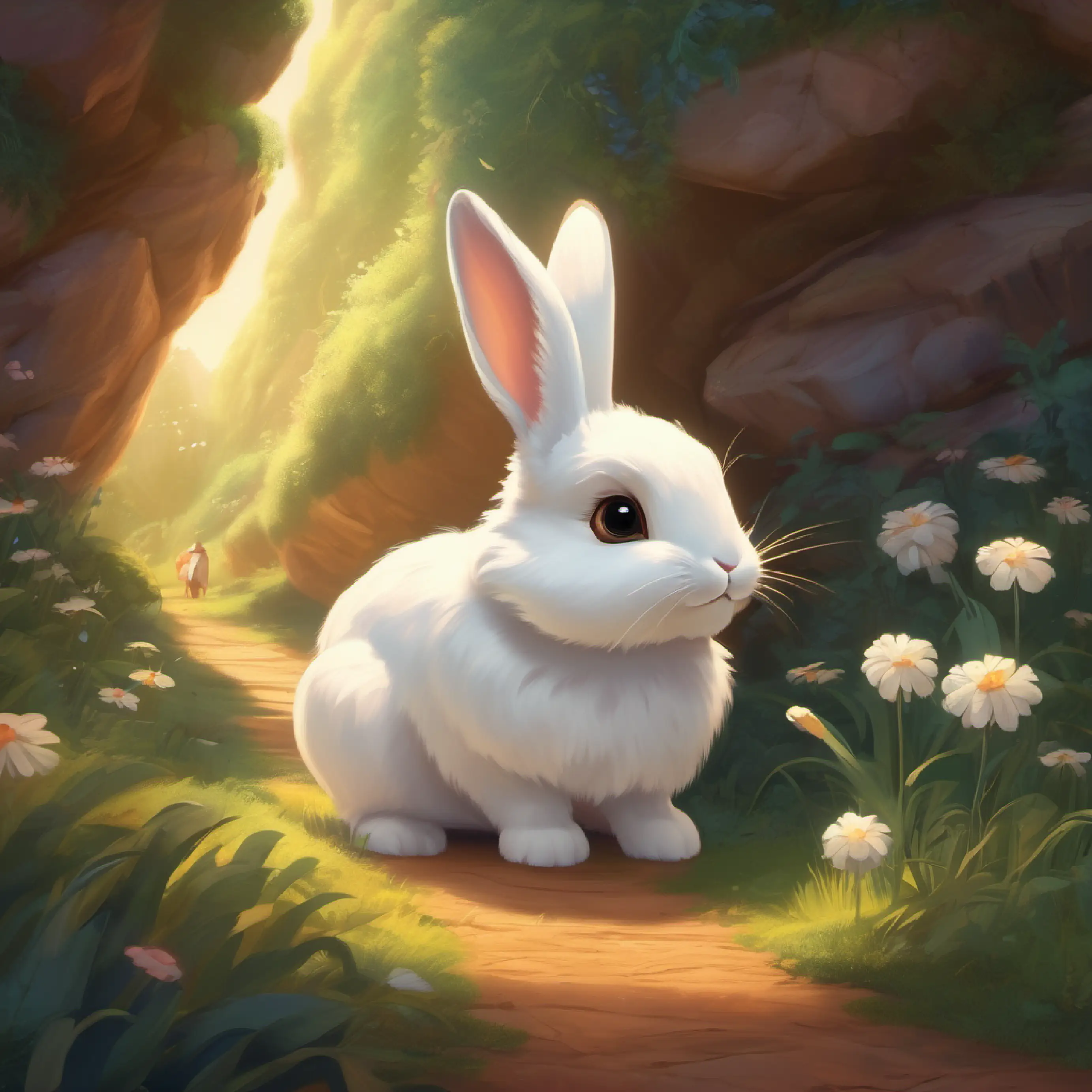 A small, fluffy white bunny with big brown eyes and long ears arrives in the magical Dreamland.