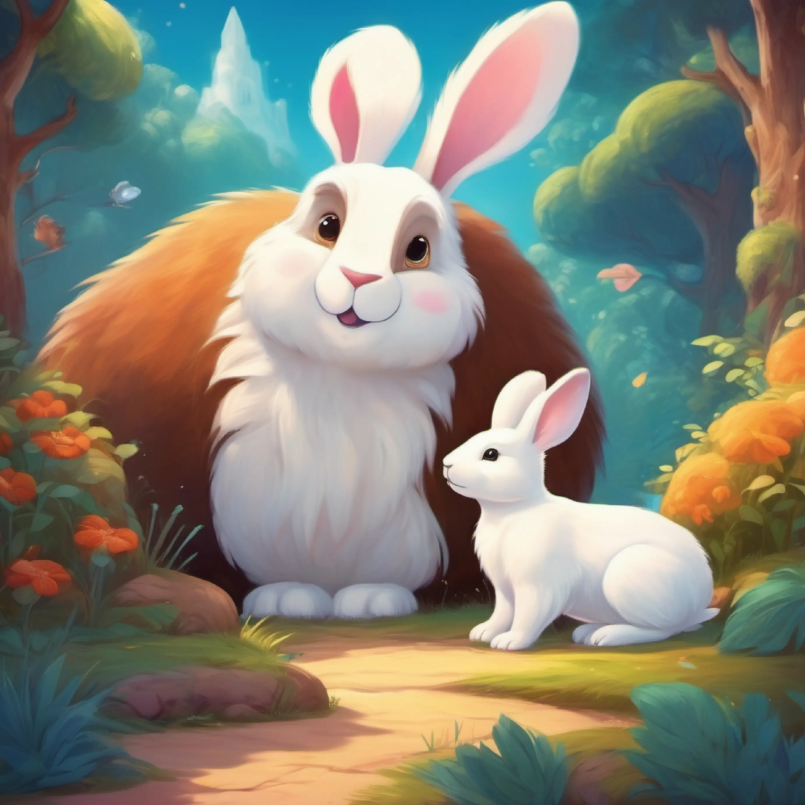 A small, fluffy white bunny with big brown eyes and long ears meets a funny bear in Dreamland.