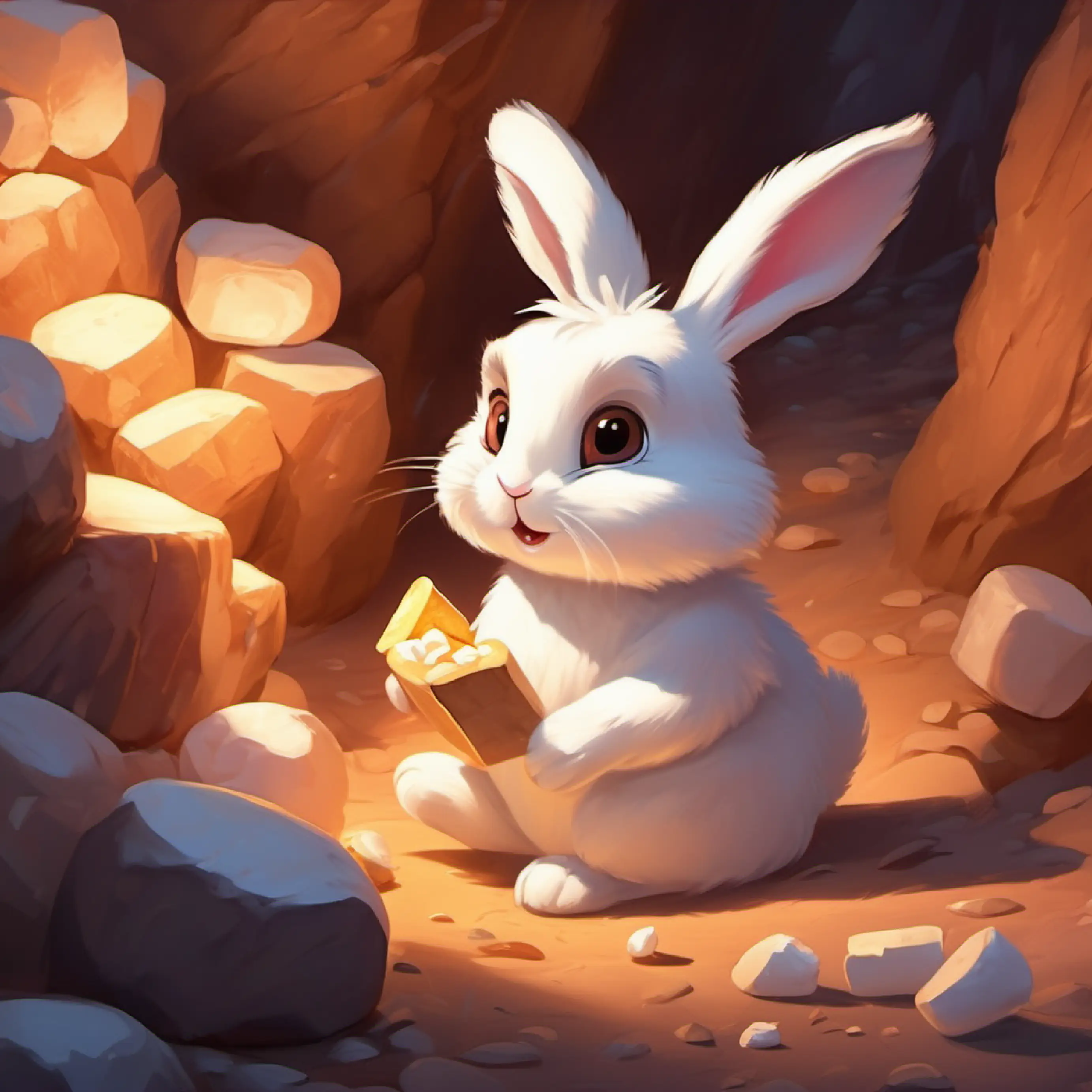 A small, fluffy white bunny with big brown eyes and long ears enjoys the marshmallow pile and finds a cave.