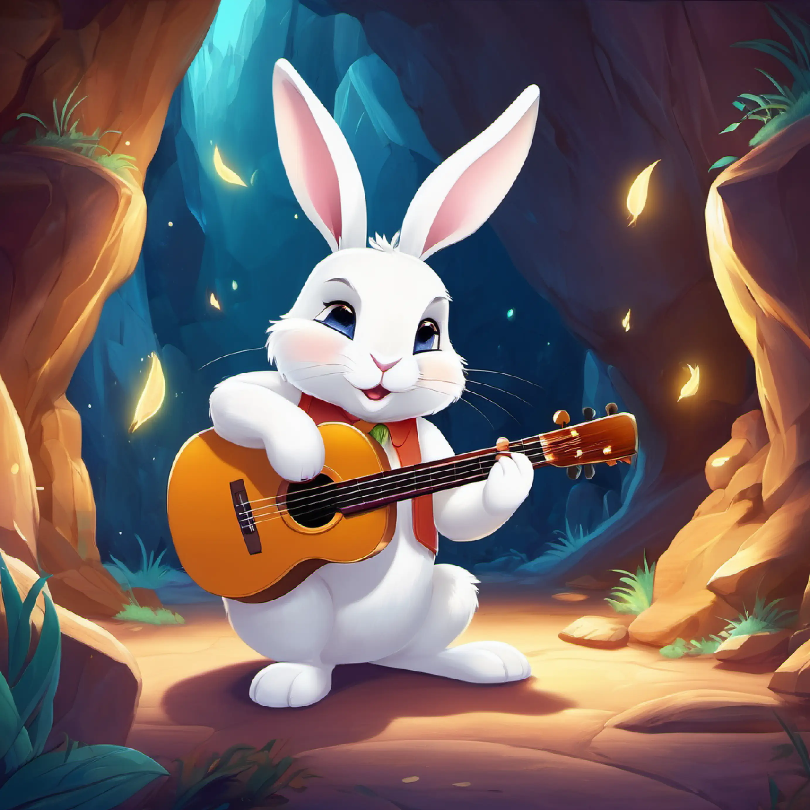 A small, fluffy white bunny with big brown eyes and long ears plays music in the jewel cave and gets sleepy.