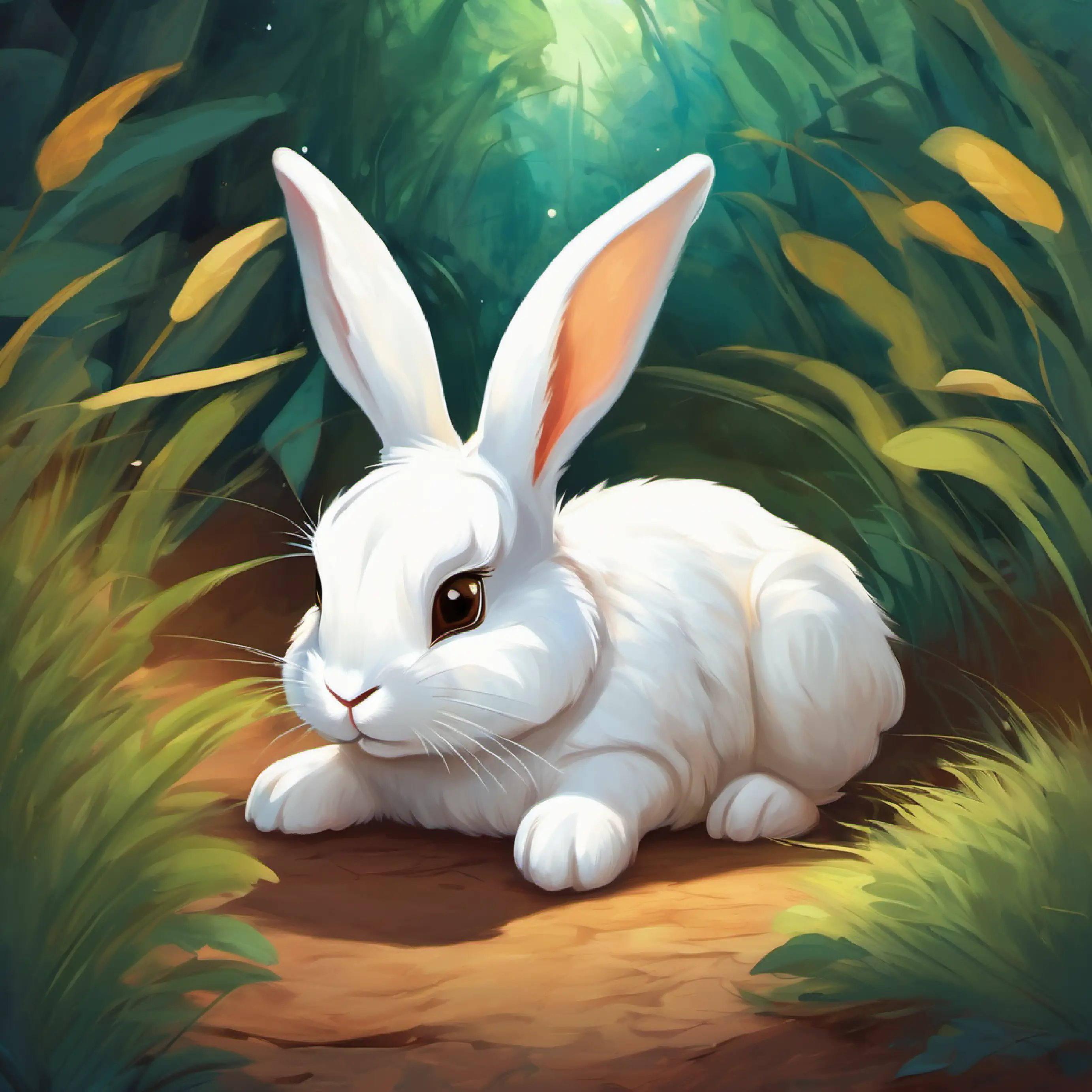 A small, fluffy white bunny with big brown eyes and long ears returns to her burrow and falls asleep happily.