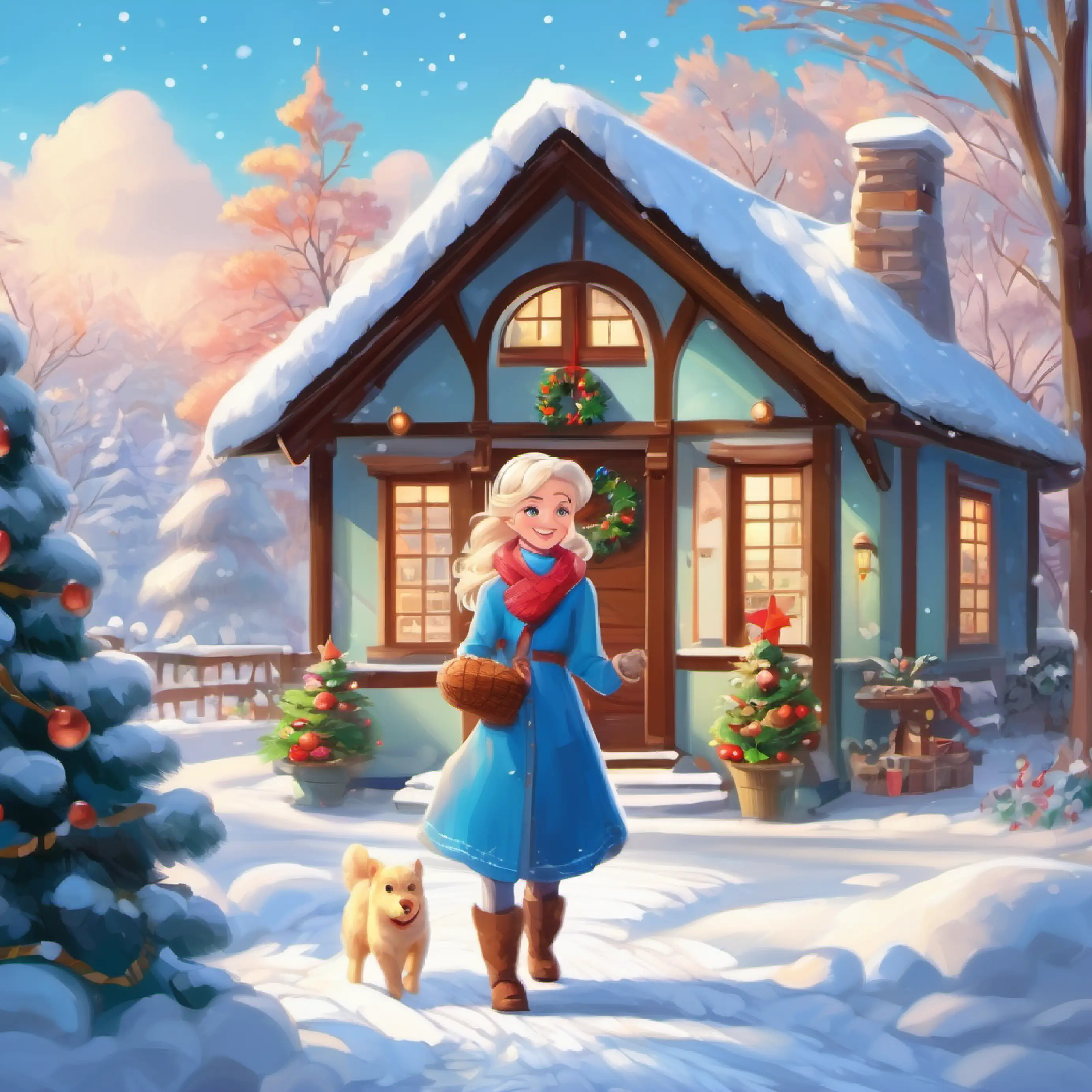 Blonde hair, blue eyes, rosy cheeks, and a bright smile dresses for a visit to grandma's house in the snowy countryside.