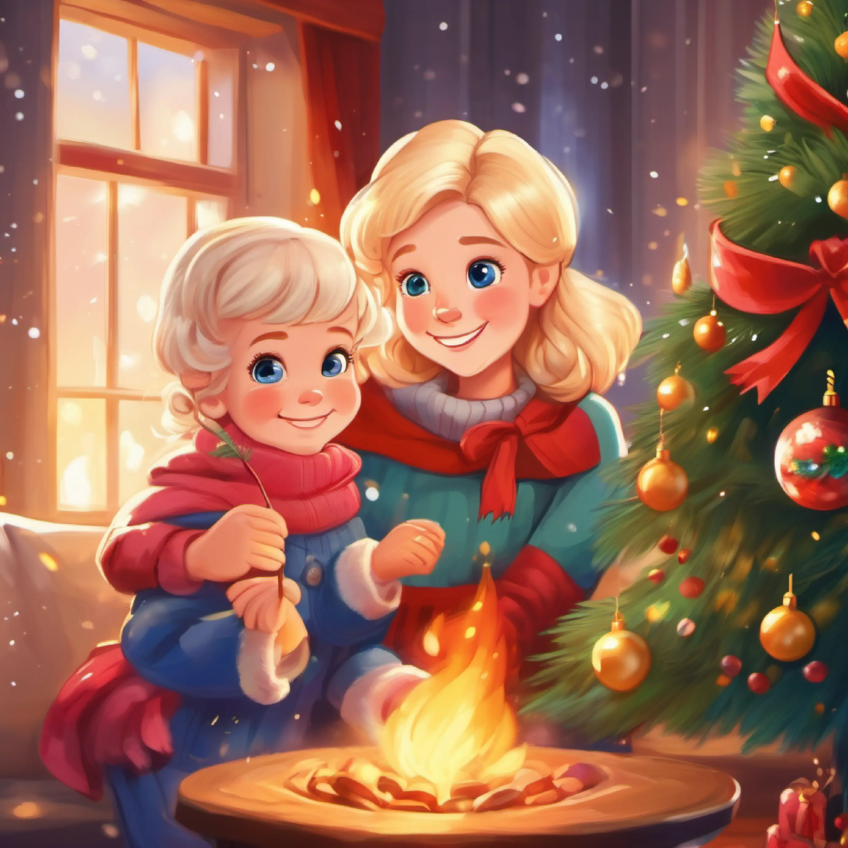 Blonde hair, blue eyes, rosy cheeks, and a bright smile and her grandma decorate a Christmas tree by a warm, crackling fire.