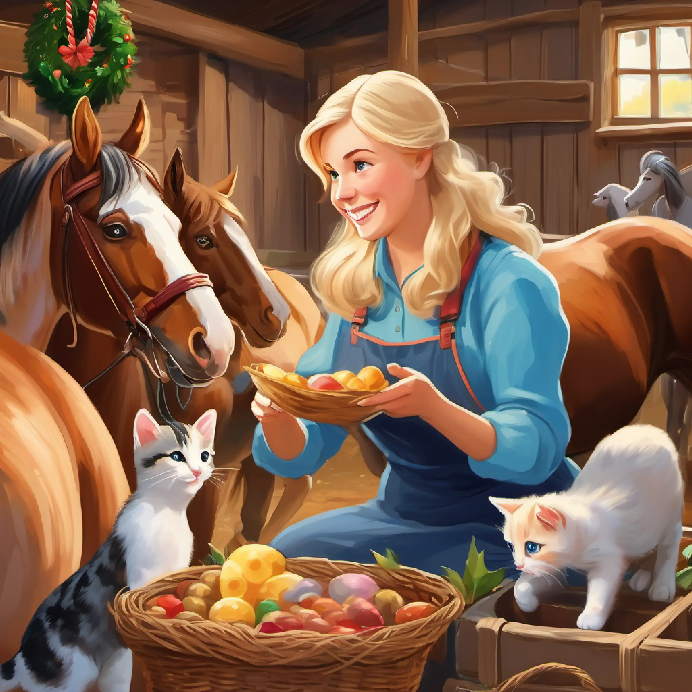 Blonde hair, blue eyes, rosy cheeks, and a bright smile feeds horses, plays with kittens, and grandma gathers eggs in the barn.