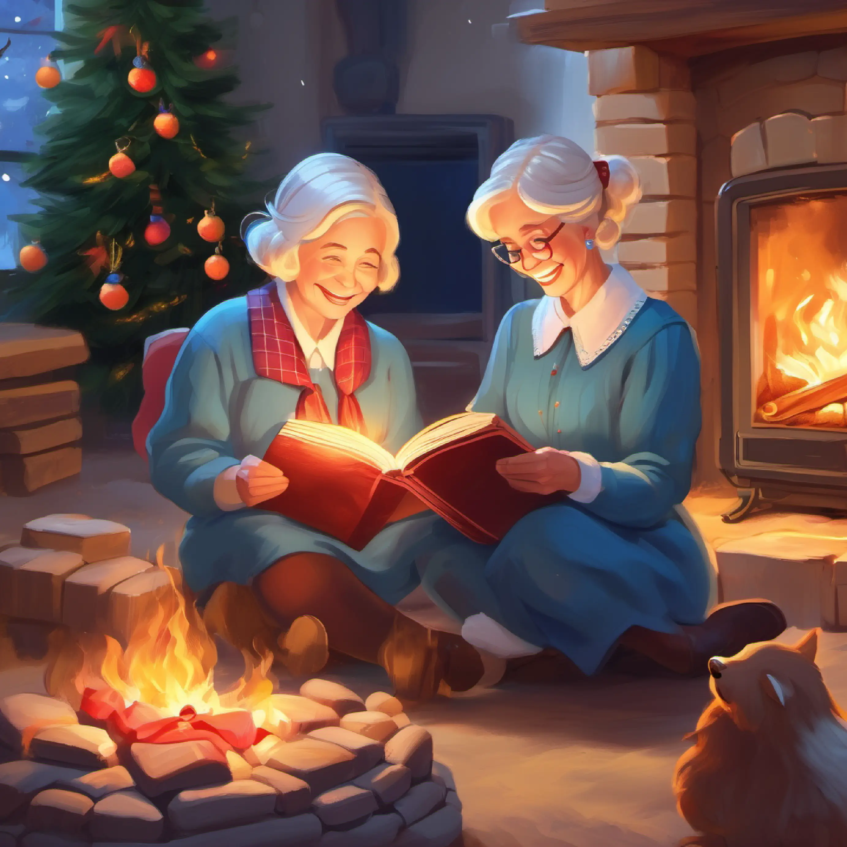 Blonde hair, blue eyes, rosy cheeks, and a bright smile and grandma read stories by the fire in the peaceful countryside.