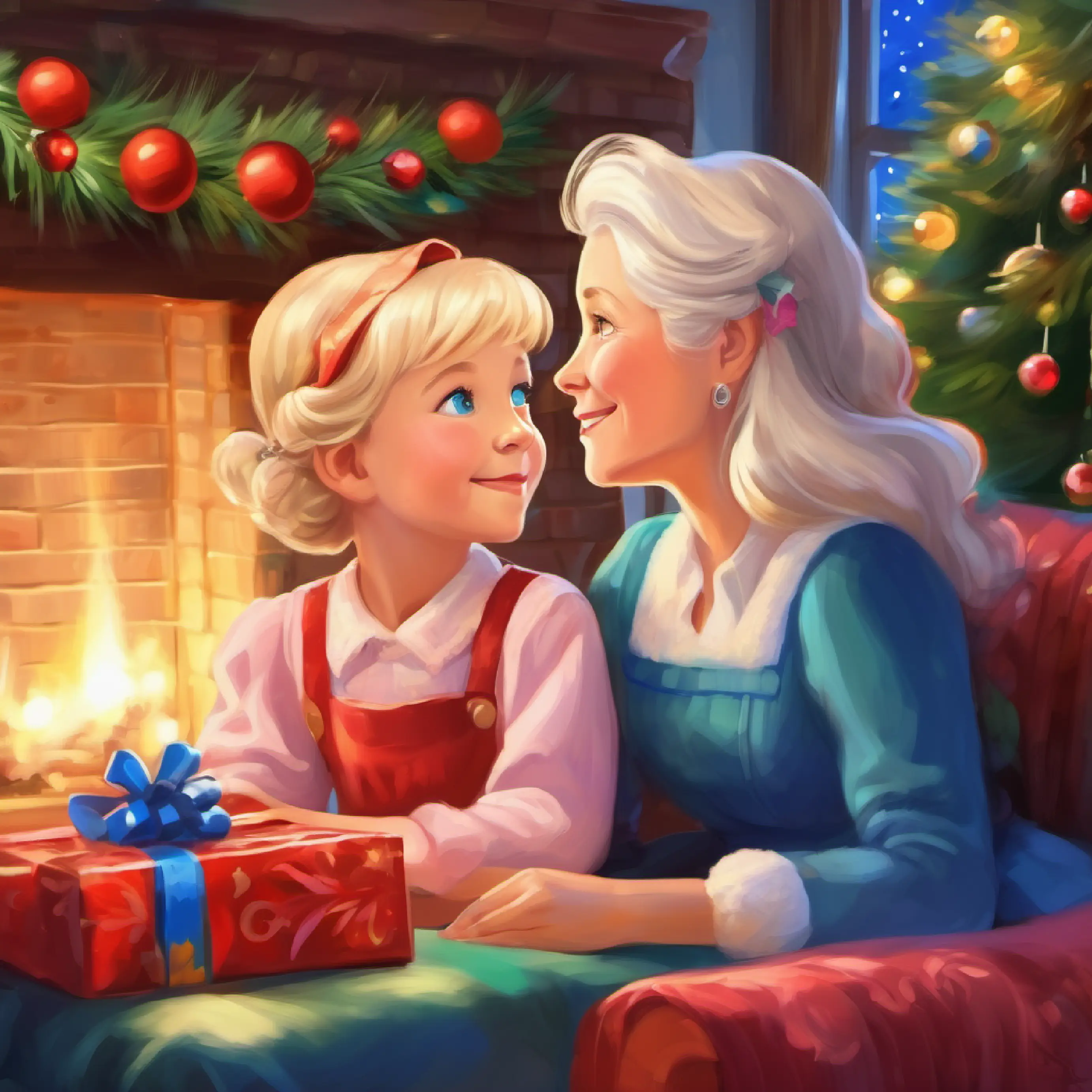 Blonde hair, blue eyes, rosy cheeks, and a bright smile kisses her grandma goodnight and dreams of Christmas in the country.