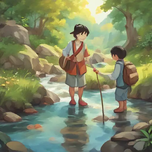Xiao Ciwei learns to cross a stream with Song's help.